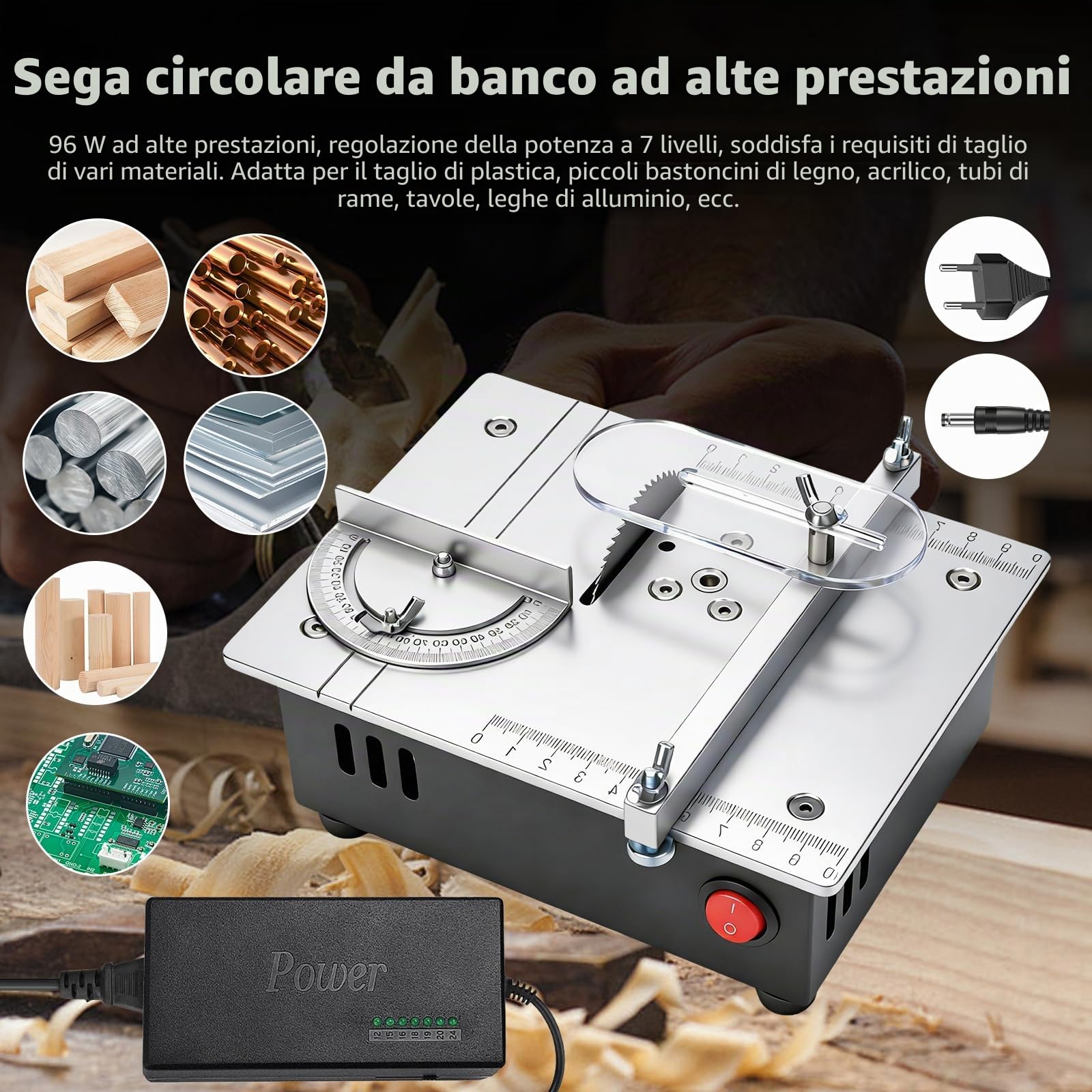 Mini Sega da Banco, Sega da Banco Portatile 96W, Sega Circolare da Banco con Alimentazione a 7 Velocita, Lama per Sega da 0,1 a 15 mm Regolabile Multi per Progetti di Fai Da Te in Legno
