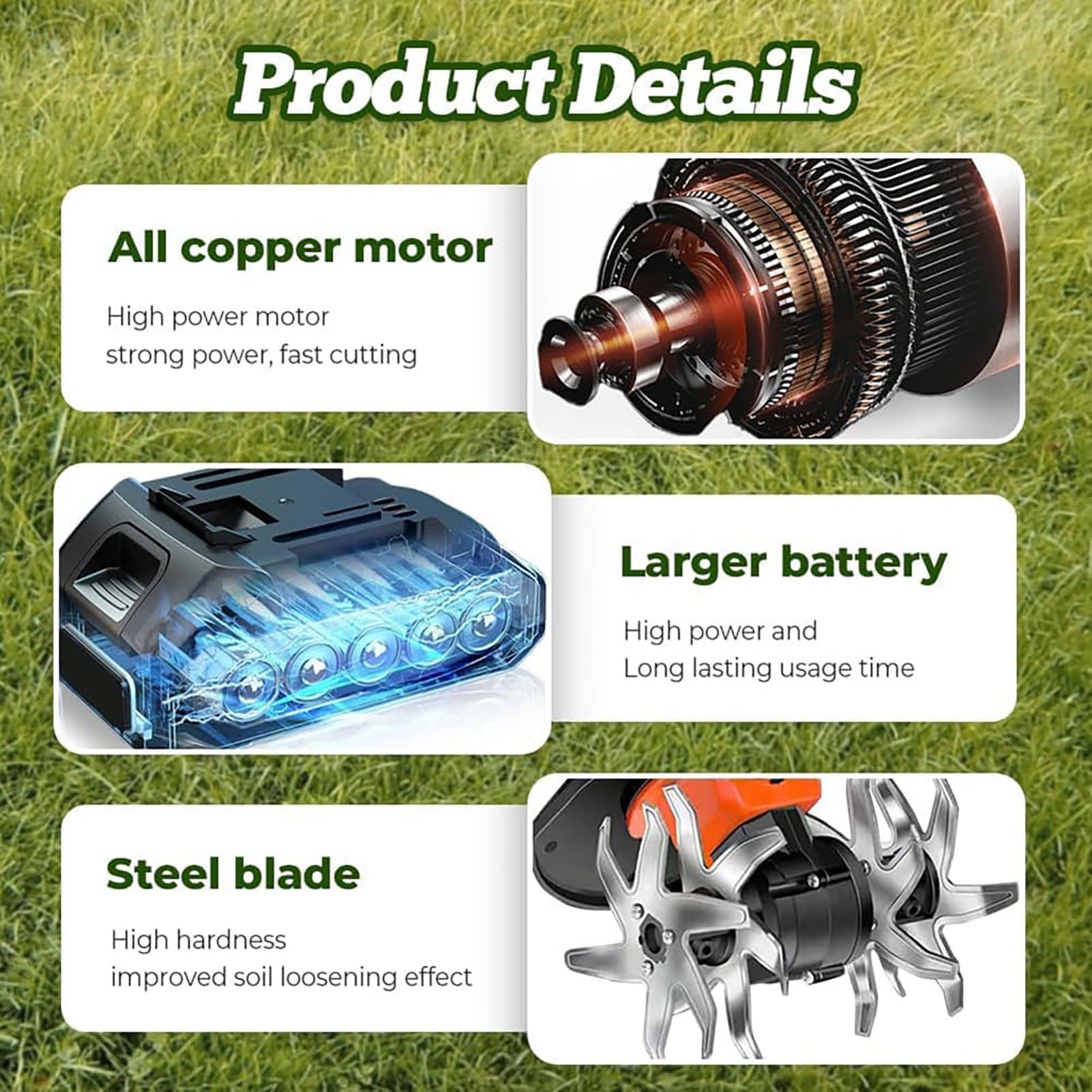 Cultivador eléctrico de jardín sin cable, máquina de deshierbe de mano con 2 baterías de 1,5Ah, profundidad de trabajo de 10 cm, ideal para jardinería, césped e invernadero