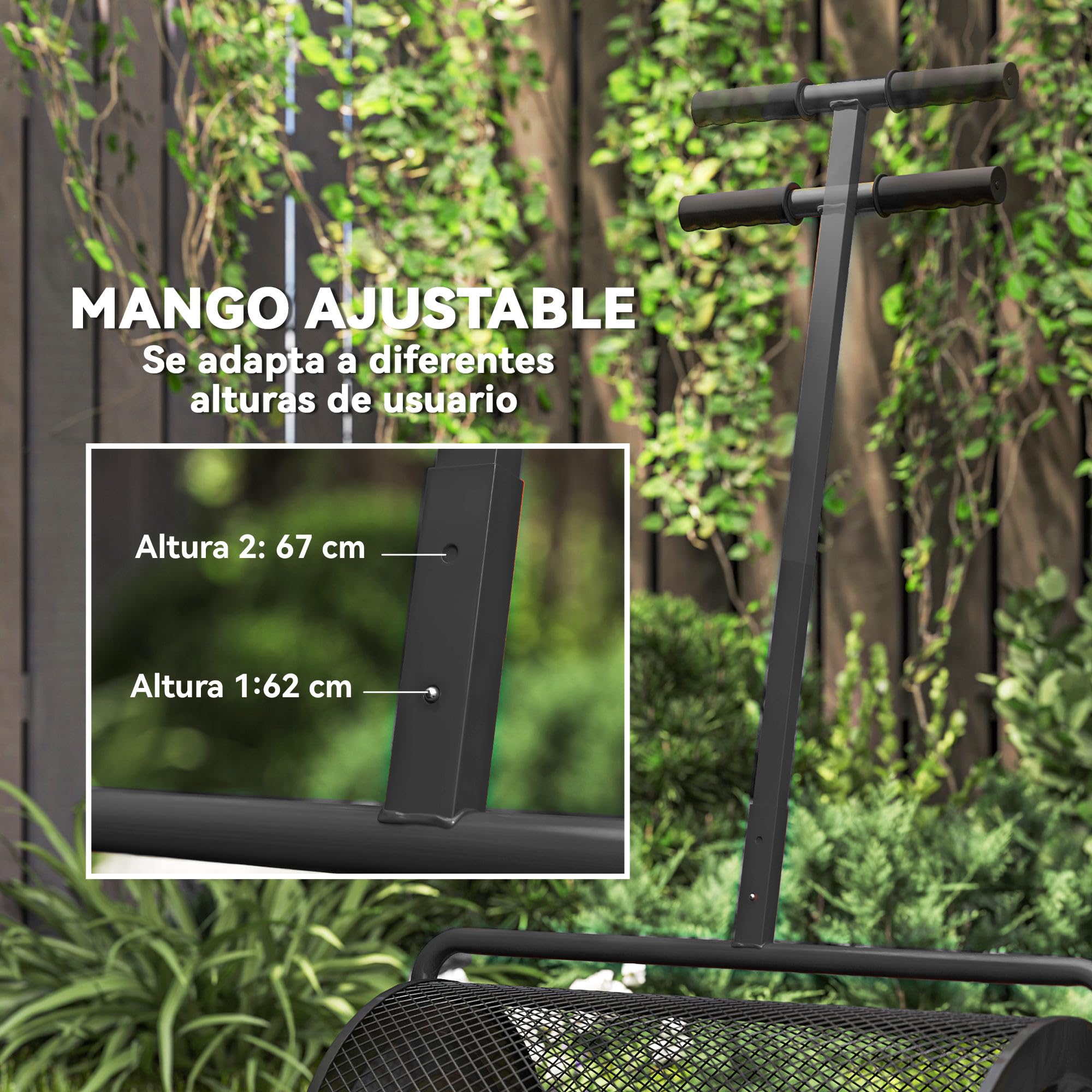 Outsunny Esparcidor de Compost 75L 70x40x112 cm Esparcidor de Abono para Césped con Asa Ajustable Cesto de Malla Metálica para Cuidado de Césped Jardín Negro
