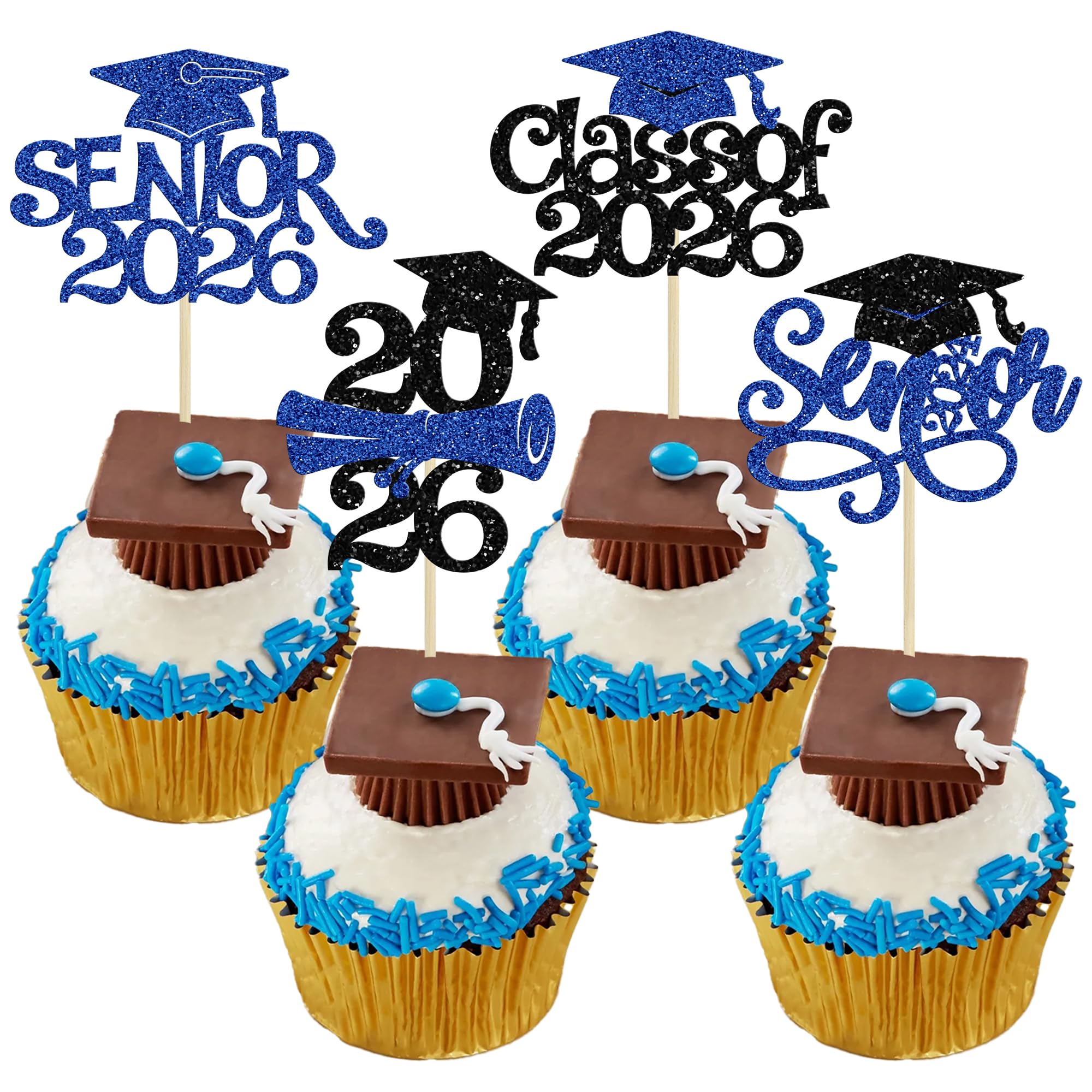 Gyufise 24Pcs 2026 Graduation Cupcake Toppers Glitter Class of 2026 Cupcake Picks Senior 2026 Cupcake Decorations for Senior 2026 Graduation Theme Party Supplies Blue