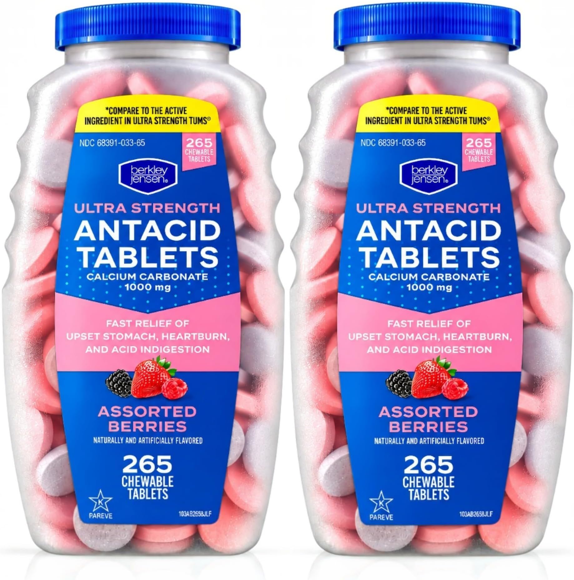 Extra Strength Antacid Tablets Chewable - 1000mg Calcium Carbonate Antacids for Heartburn, Acid Indigestion, Upset Stomach Relief - Assorted Berry Flavor - 265 Count (Pack of 2)