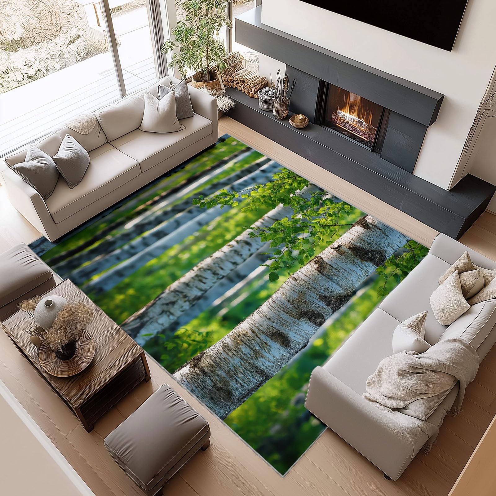 Zmywalny dywan 80 x 150 cm, antypoślizgowy dywan z motywem lasu brzozowego, fotografia przyrody, duży dywan, do salonu, sypialni, kuchni, holu, niski runo, miękki w dotyku dywan
