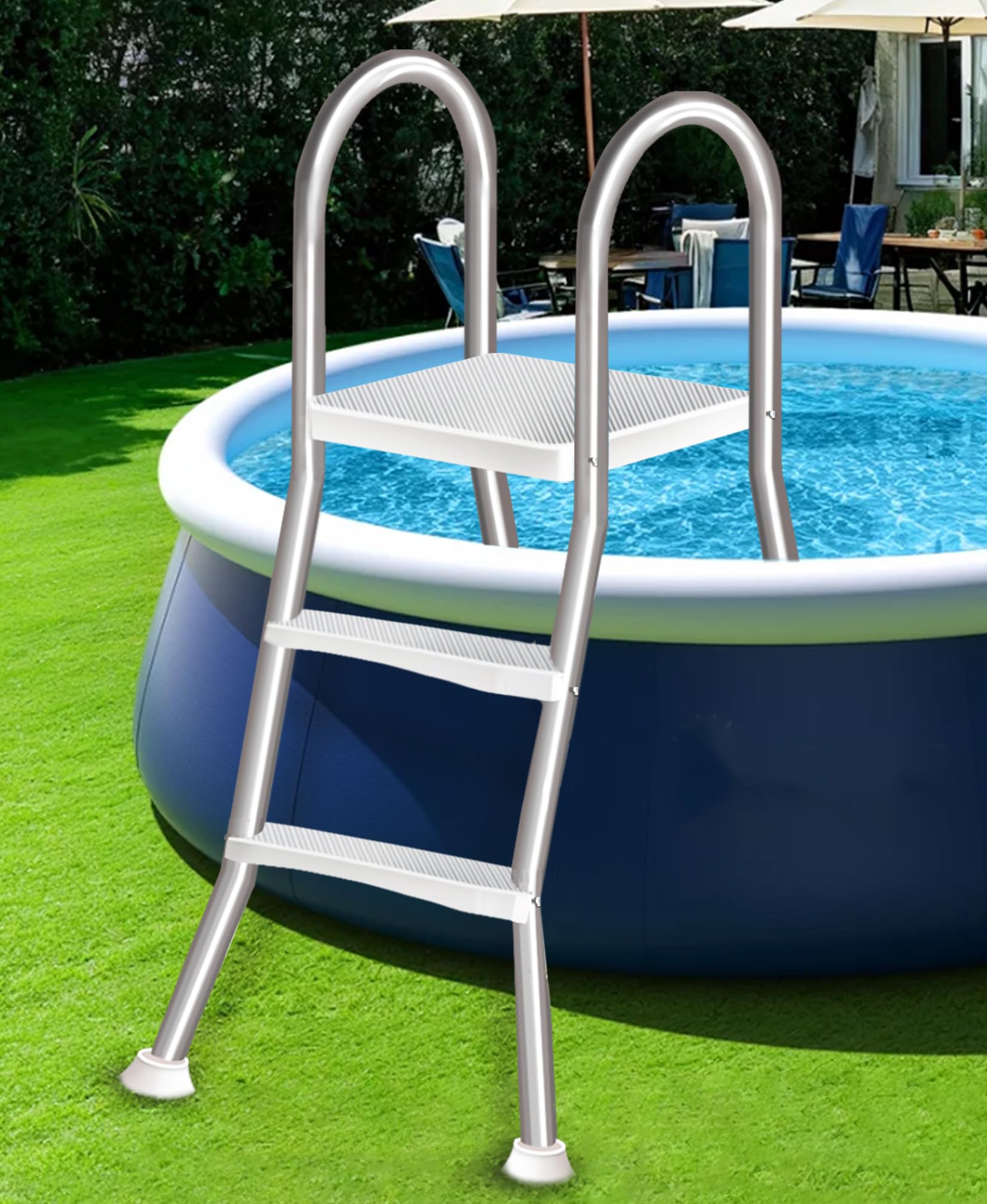 A-Frame 4 Step Stainless Steel Above Ground Pool Ladder, Non-Slip Wide Steps Heavy Duty Stable Structure, 250kg Capacity Fit 135cm Wall Swimming Pool,85cm
