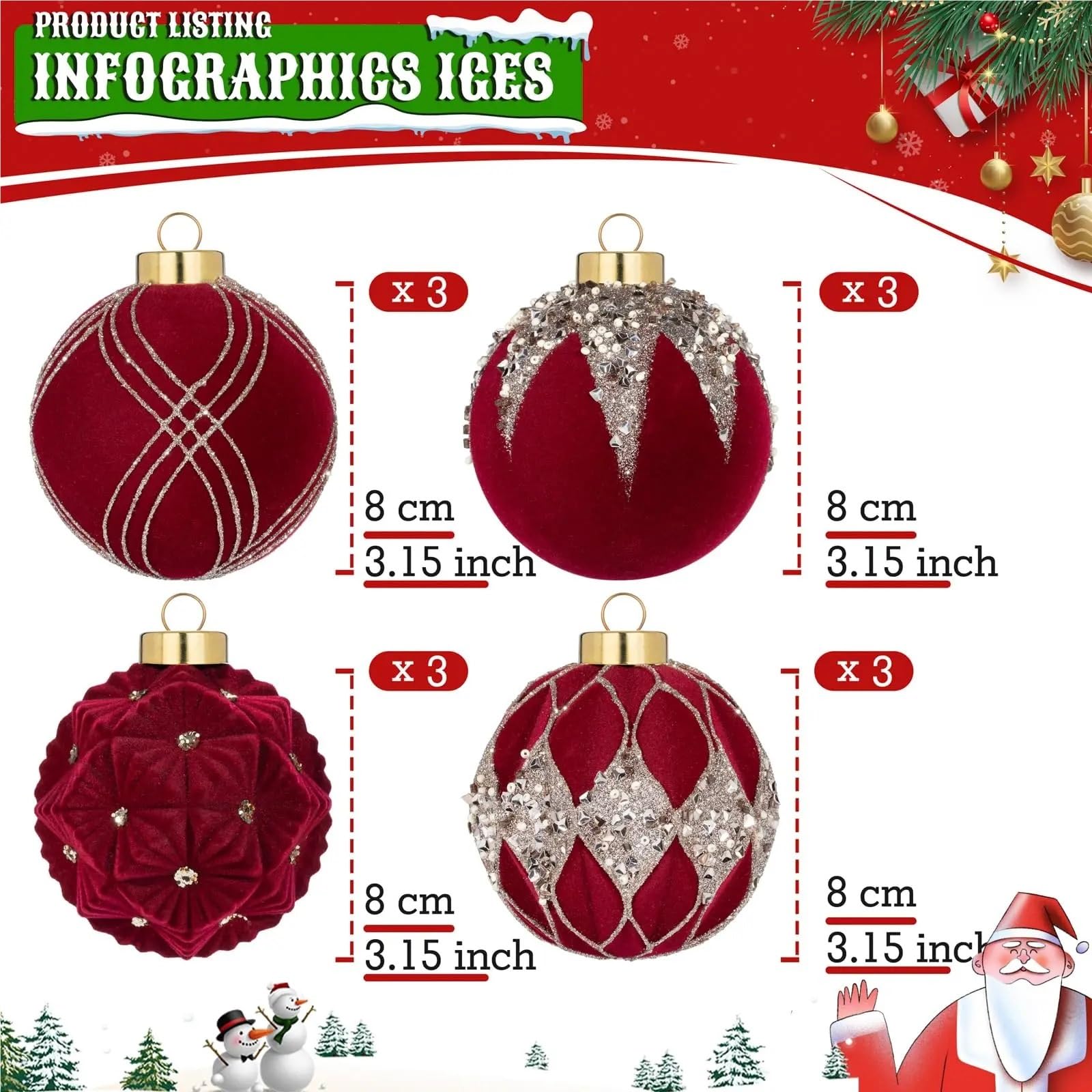 Boule de Noel Decoration Lot de 12 Boules de Noël en Velours floquées Vertes incassables, décoration d'arbre de 80 mm, Boule Suspendue for fête et Mariage(Style-5)