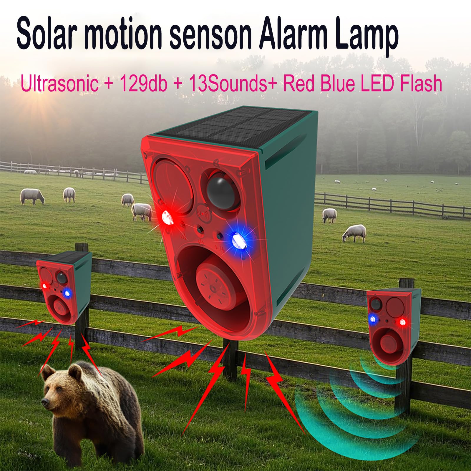 Solar Outdoor Motion Sensor Alarm, 130dB rotes und blaues blinkendes Sicherheitslicht mit Fernbedienung, 13 Sounds und Aufnahmen angepasst, um Eindringlinge abzuhalten (2 Stück)