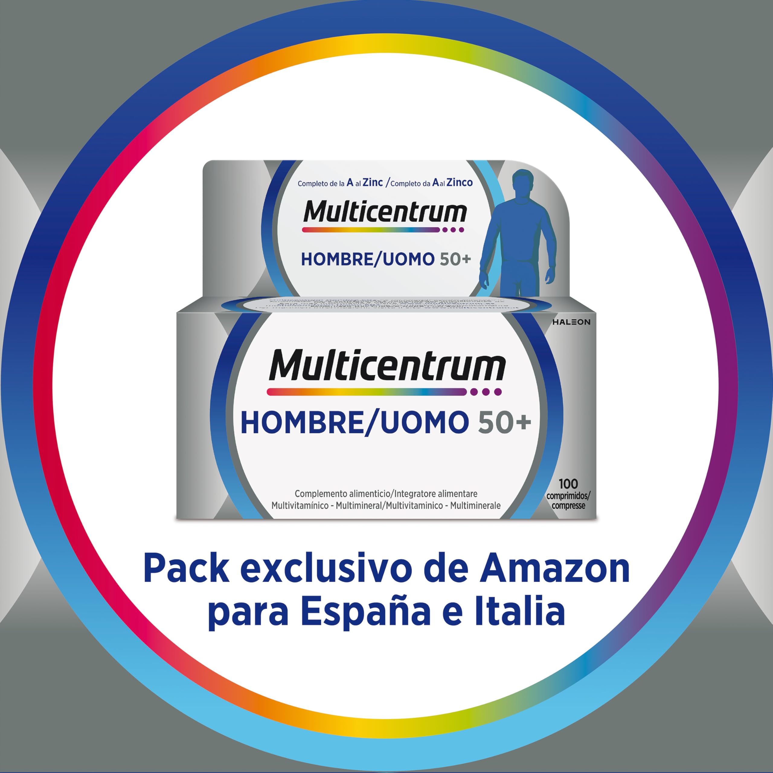 Multicentrum Hombre 50+ Complemento Alimenticio Multivitamínico y Multimineral Para Hombres 50+, Con Vitamina C, B, A, Sin Gluten, 100 Comprimidos