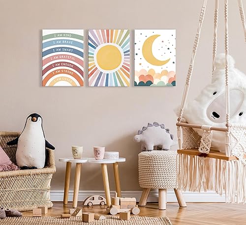 Miniatura 6 de 3 piezas de lienzo inspirador de arco iris, arte de pared, diseño bohemio, sol, luna, estrella, fotos, frases motivacionales, afirmaciones positivas