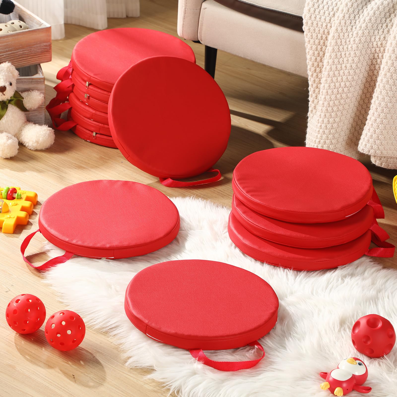 Cojines de Suelo de 30 x 30 cm para aulas. Asientos de Suelo Flexibles con Asas. Cojines de moqueta para aulas para niños pequeños, guarderías y Muebles de Preescolar.(Red)