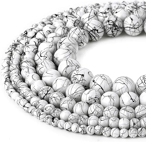 RUBYCA 300 cuentas de vidrio sueltas de varios tamaños para la fabricación de joyas, blanco opaco, salpicaduras de pintura negra