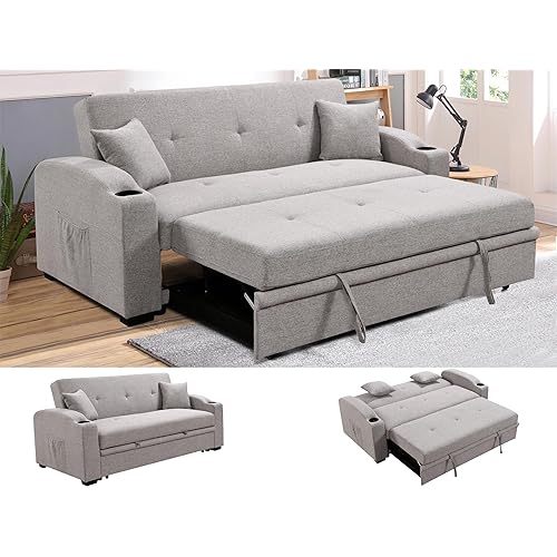 75'' Queen Size Sleeper Sofa Couch with Pull Out Bed and Cup Holders, Convertible Loveseat Futon Couches with Adjustable Backrest and Side Pocket, Sofas Beds for Living Room, Grey