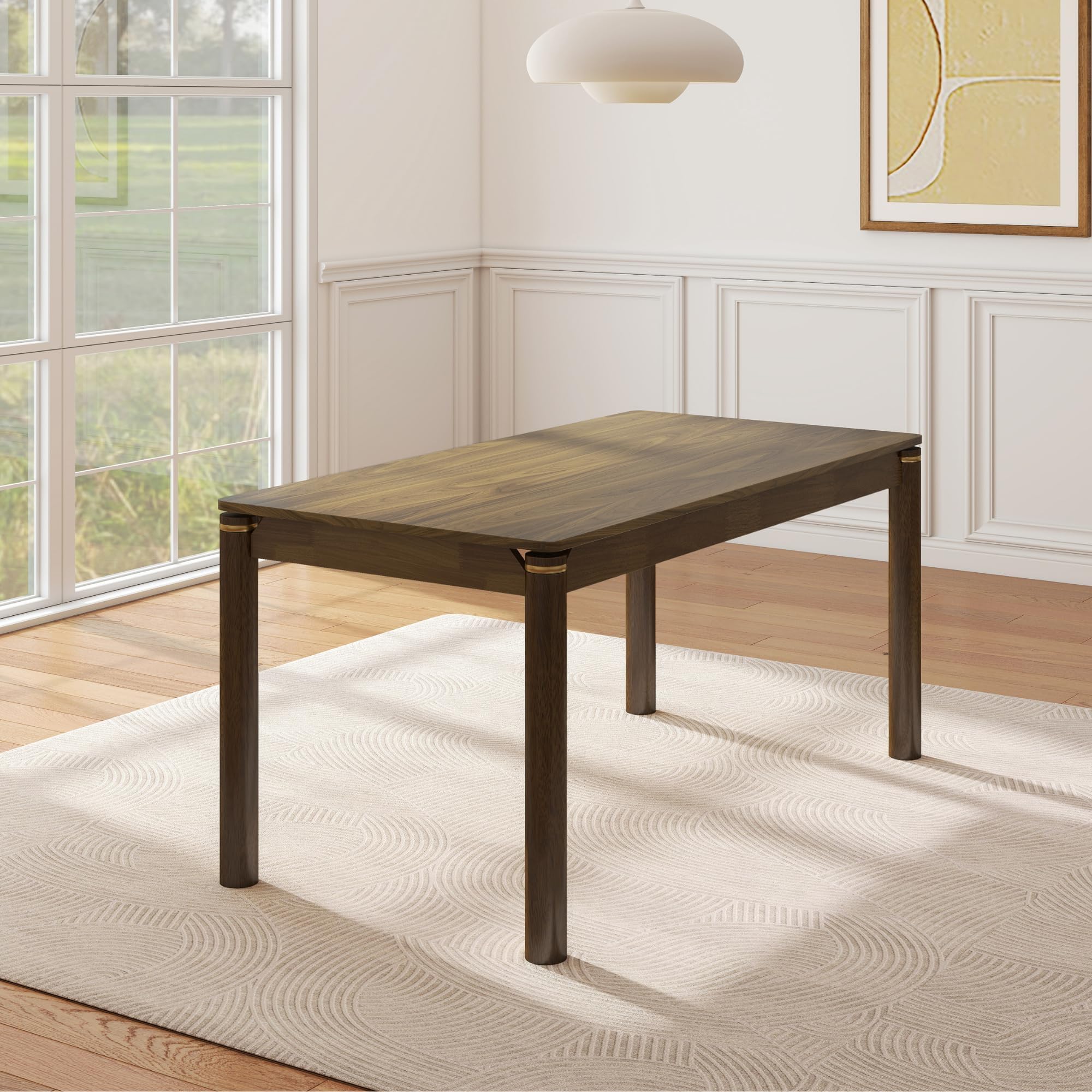 Solid Wood Rectangular Dining Table 63 Inch Mid Century Modern Gold Ring Walnut image 2