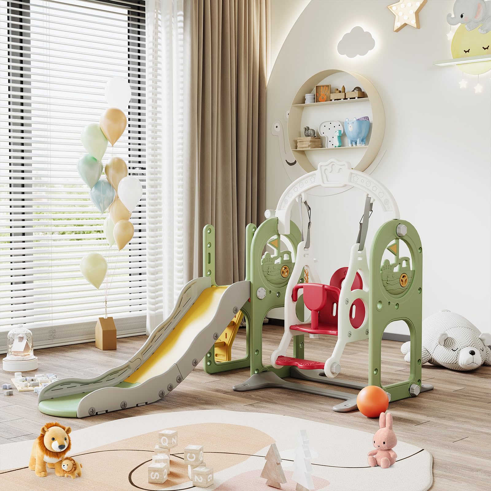Structure Jeux Enfants 6 En 1 - Toboggan, Balançoire, Panier Basket Pour Jardin (2-5 Ans)
