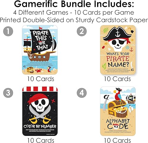 Miniatura 3 de Big Dot of Happiness Pirate Ship Adventures - 4 juegos de fiesta de cumpleaños de calavera - 10 tarjetas cada uno - Paquete Gamerific