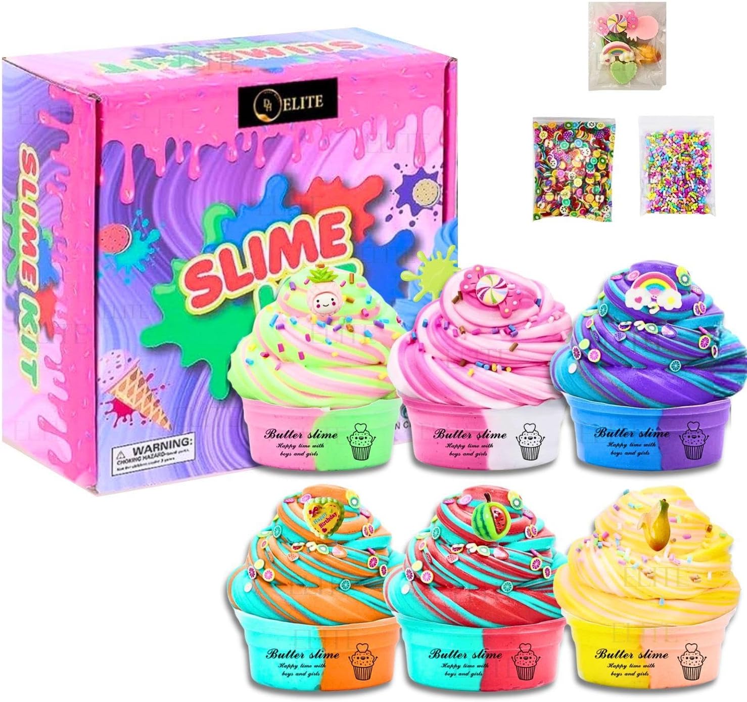 DEAL HUNT ELITE Pack of 6 Dual color Slime kit Multicolor Candy Fruit Soft and Scented Butter Slime Non Sticky stretchable diy kids Slime Kit Toy-Perfect for Gifts and Favors Fun Play.… (A. PACK OF 6)