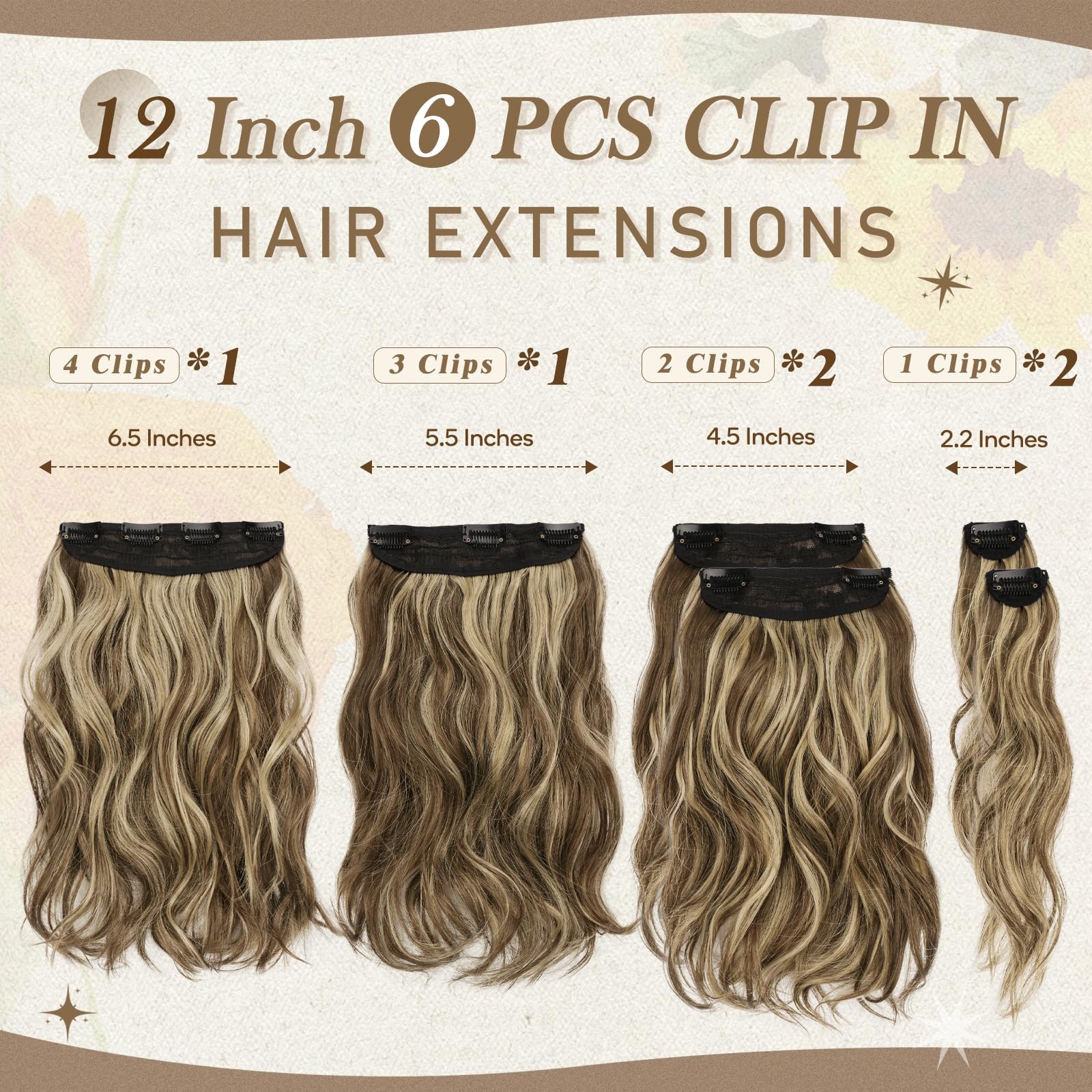 BARSDAR Extension Capelli Clip, 30cm Corto Ondulati Clip in Hair Extensions per Donna 6PCS Testa Piena Highlight Extension Sintetici Posticci Capelli Estensioni - Marrone Medio & Biondo