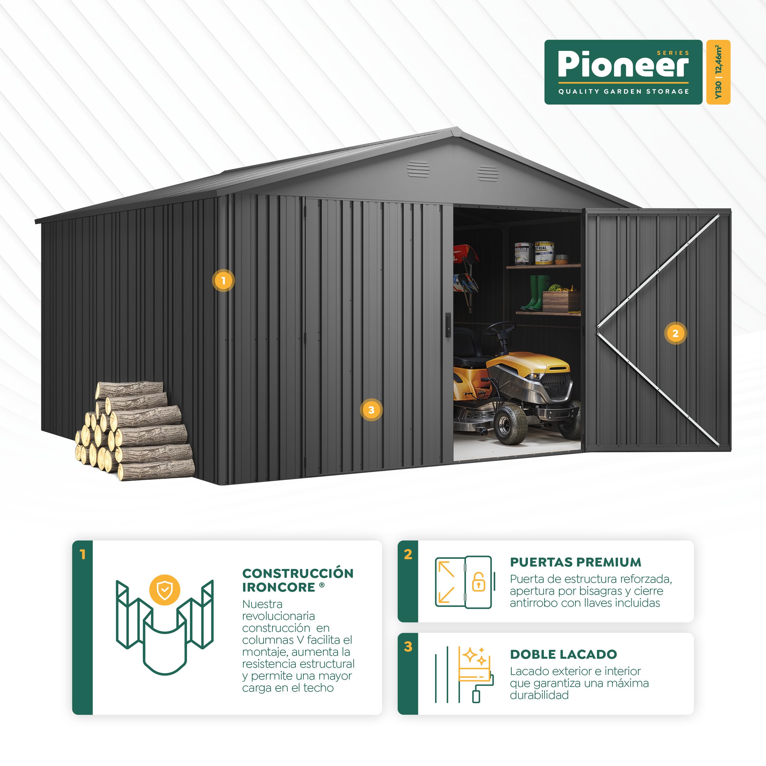 Hoggar – Caseta Jardín Exterior Pioneer Y130 – Montaje con Estructura Autoportante – Doble Puerta Reforzada – Cierre con Llave Incluida – Columnas en V - Techo Robusto – Cobertizo Metálico 12,46m2