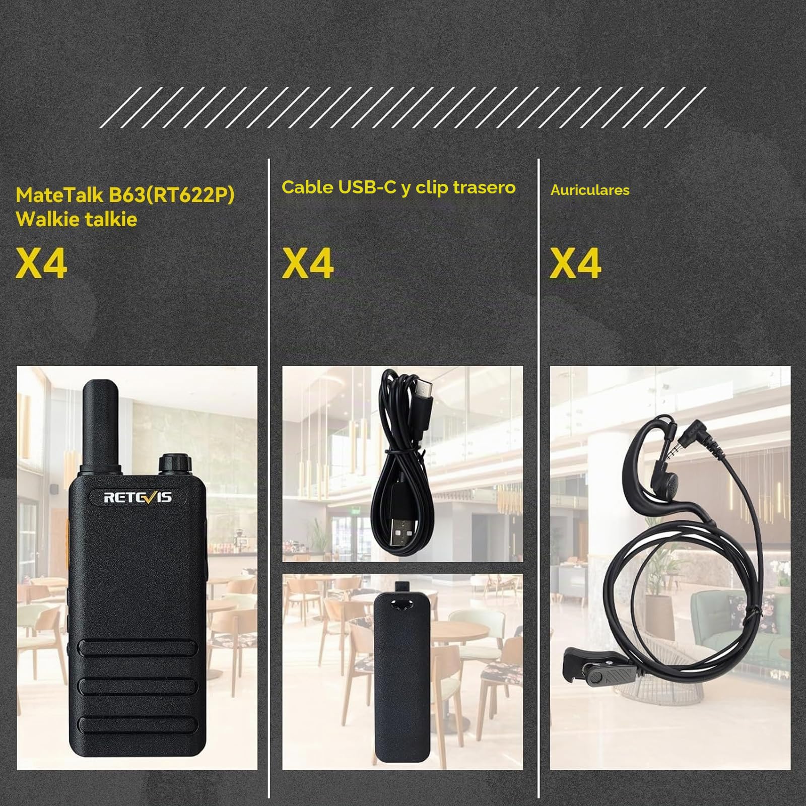 Retevis RT622P Walkie Talkie, Ultrafino Walkie Talkie Profesional 15mm, PMR446, USB-C, VOX, 1620 mAh, Recargable Walkie Talkies con Auriculares para Restaurante, Minorista, Escuela (4 Piezas, Negro)