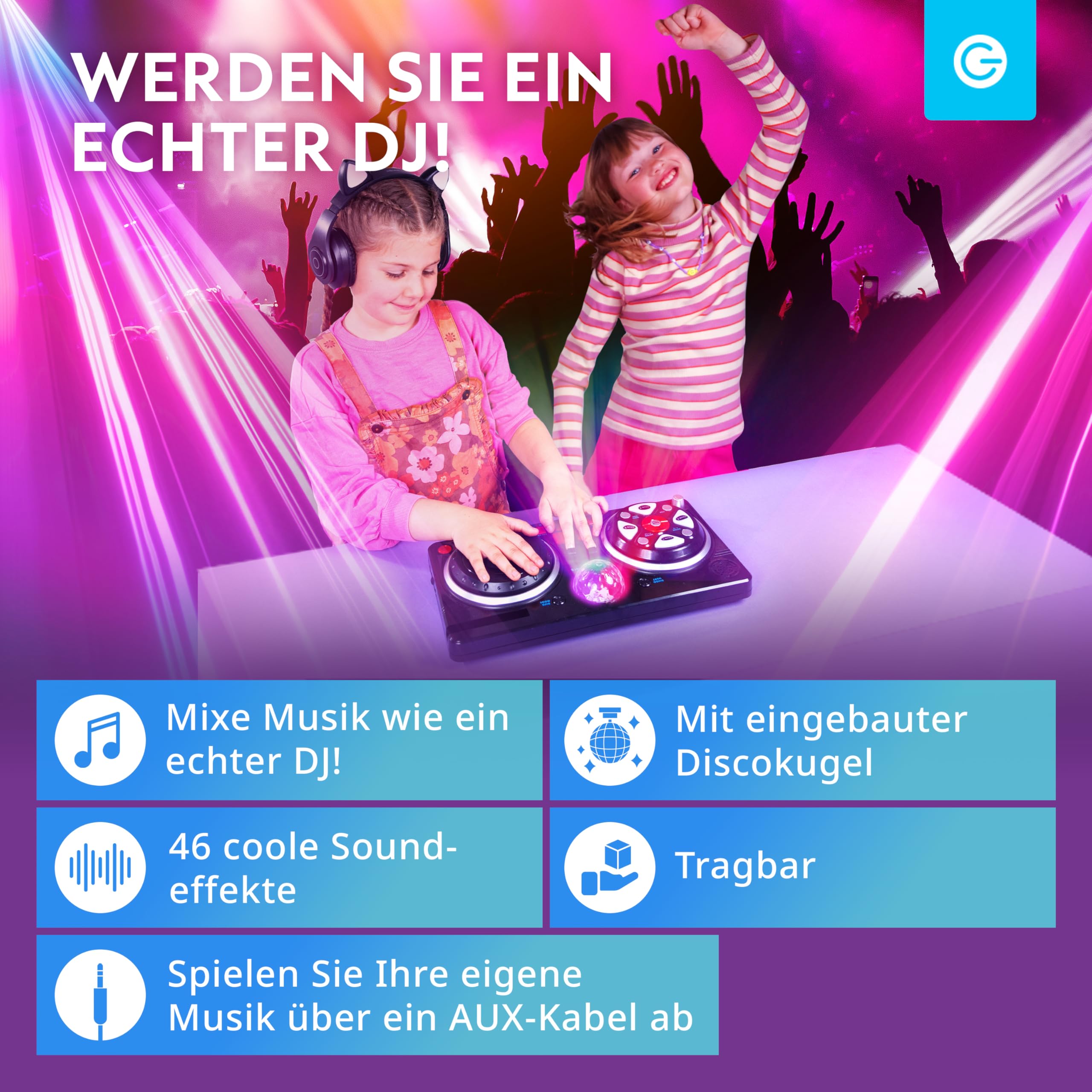 Silvergear® DJ-Set für Kinder | DJ Pult für Anfänger mit Discokugel | 46 Soundeffekte | AUX-Kabel für Eigene Musik | Tragbares DJ Equipment | Batteriebetrieben | 39.3 x20.5x6.4 cm | Schw