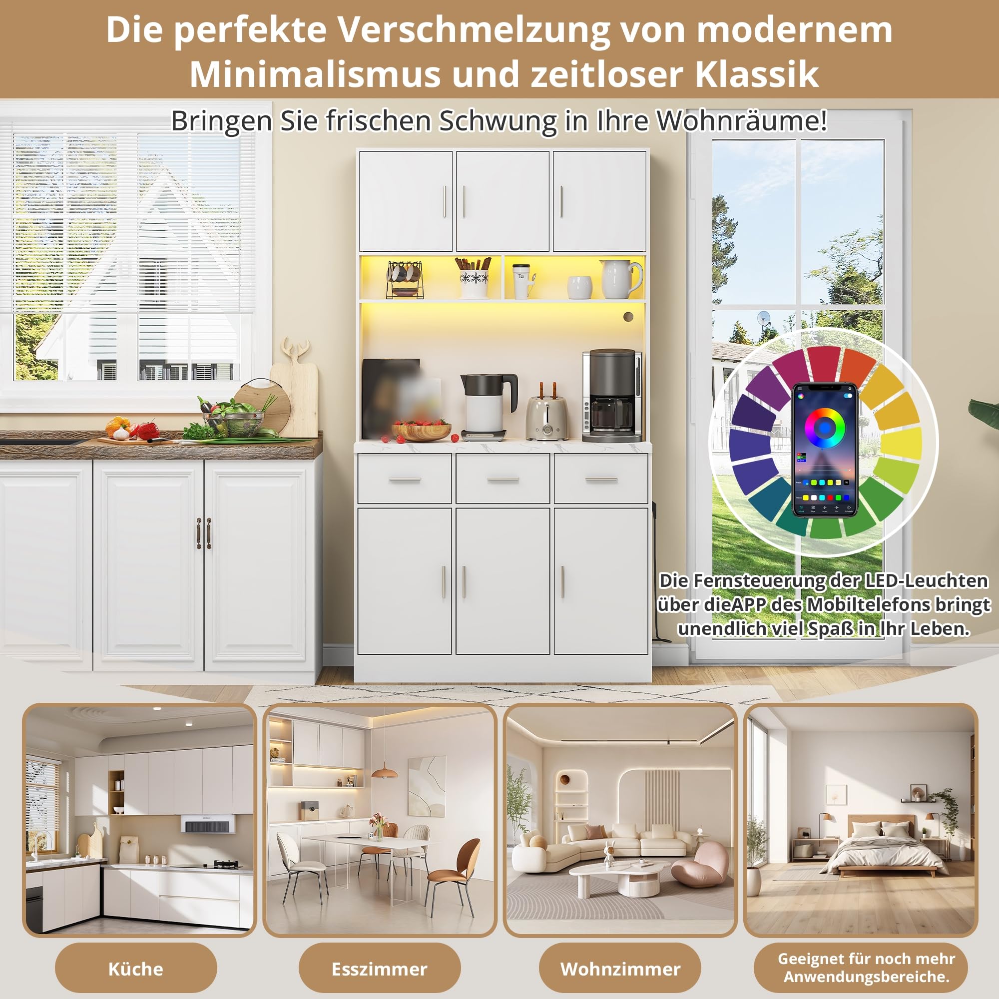Küchenschrank 100x40x180cm, Buffetschrank mit Arbeitsplatte, Hochschrank mit LED-Beleuchtung und Steckdosen, verstellbaren Regalen und 3 Schubladen, für Küche Wohnzimmer, Weiß