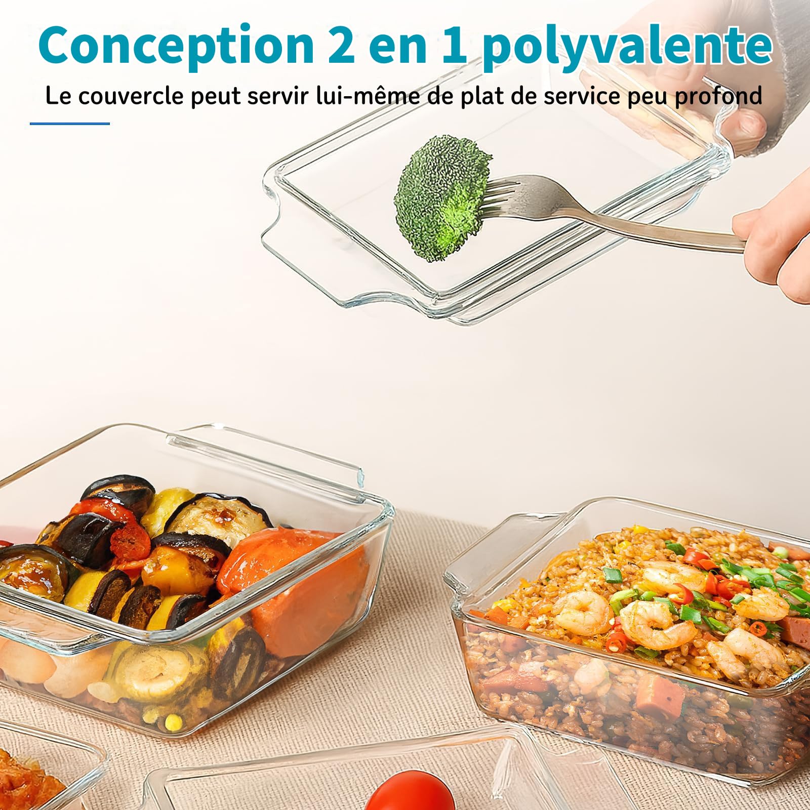 Set di 2 piatti da Gratin rettangolari in vetro con coperchio, casseruole trasparenti con maniglie, piatti per lasagne resistenti al forno e microonde, cucina, casa ristorante, hotel (2L+1L)