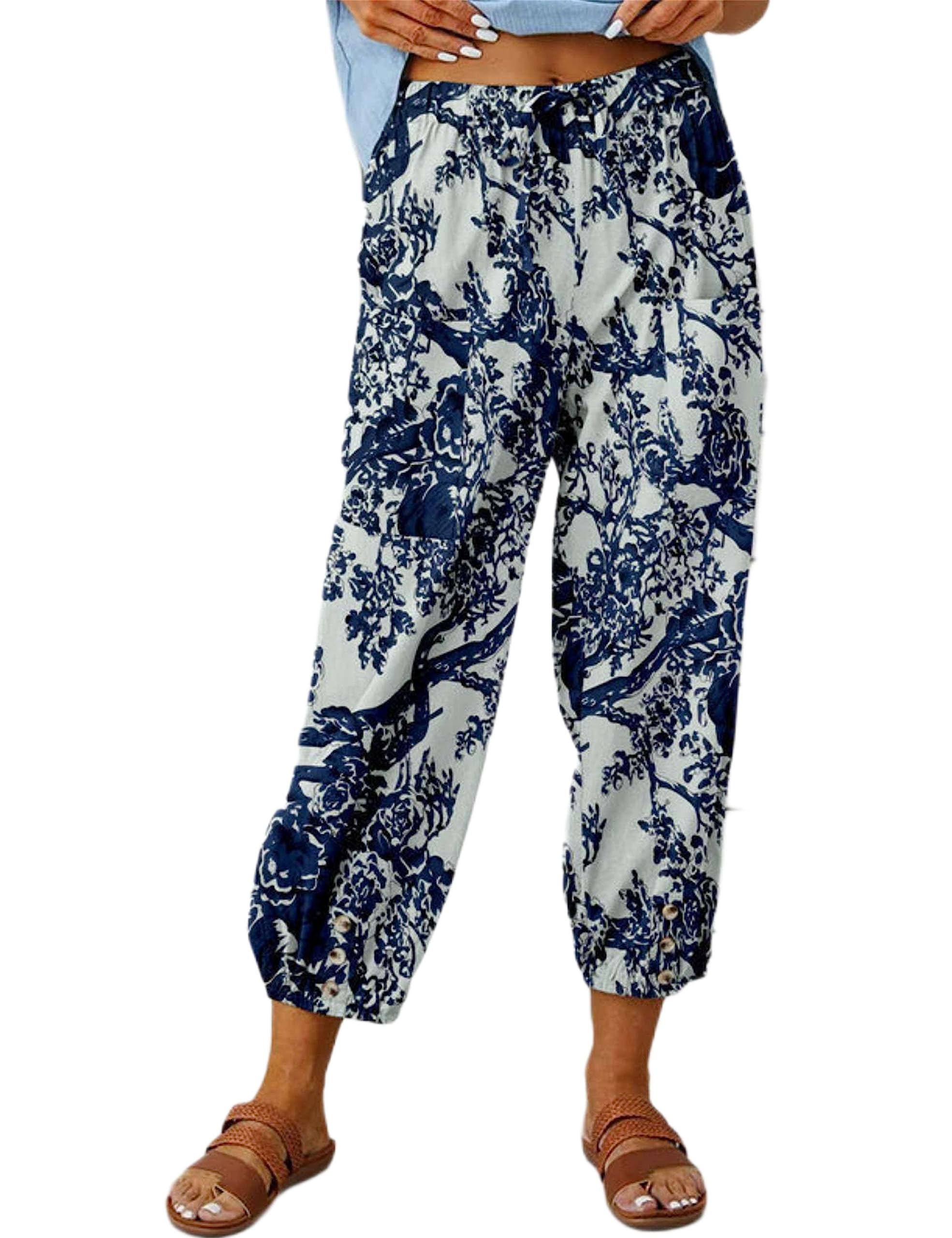 Zontroldy Linen Capri Pants for Women High Waisted Wide Leg Yoga Capris Crop Pants Sweatpants with Pockets