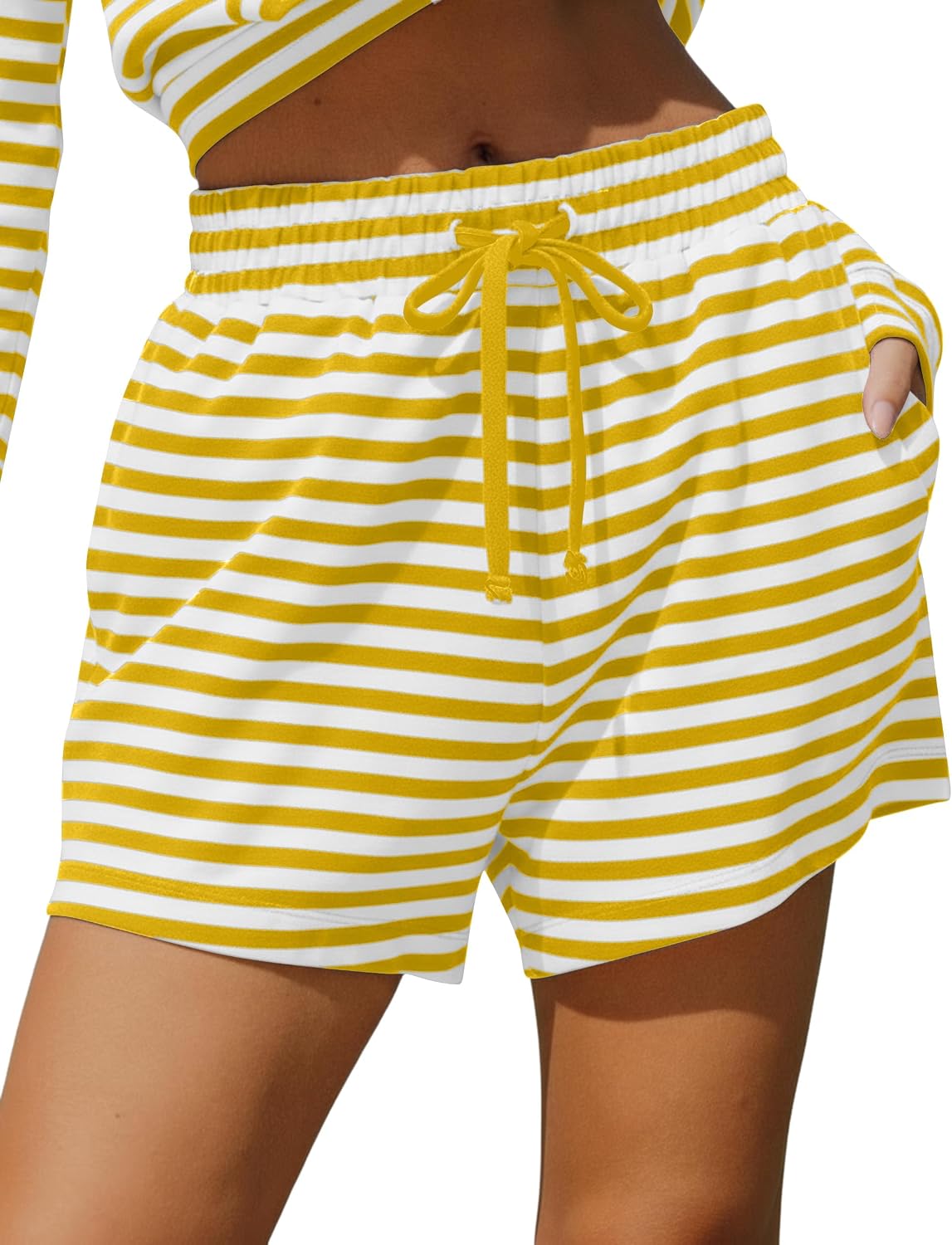 Women Mid Rise Striped Drawstring Casual Loose Wide Leg Shorts with Pockets