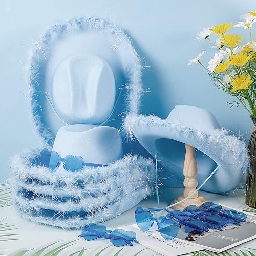 Miniatura 3 de Zhanmai Sombrero de vaquera con boa de plumas y lentes de sol de corazón para niñas, despedida de soltera, fiesta de disfraces