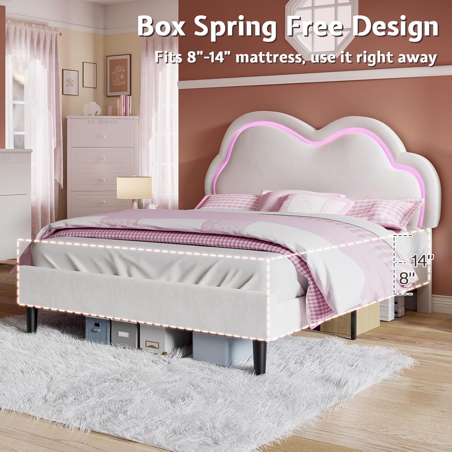 Jocisland Queen Bed Frame for Girls with Adjustable Cloud Headboard, Velvet Upholstered & RGB Lights, 7.1" Underbed Storage, No Box Spring Needed, Cream | Cloud Shape Design, Velvet Upholstery, Height Adjustable, 7.1" Under Clearance, Sturdy Metal Frame