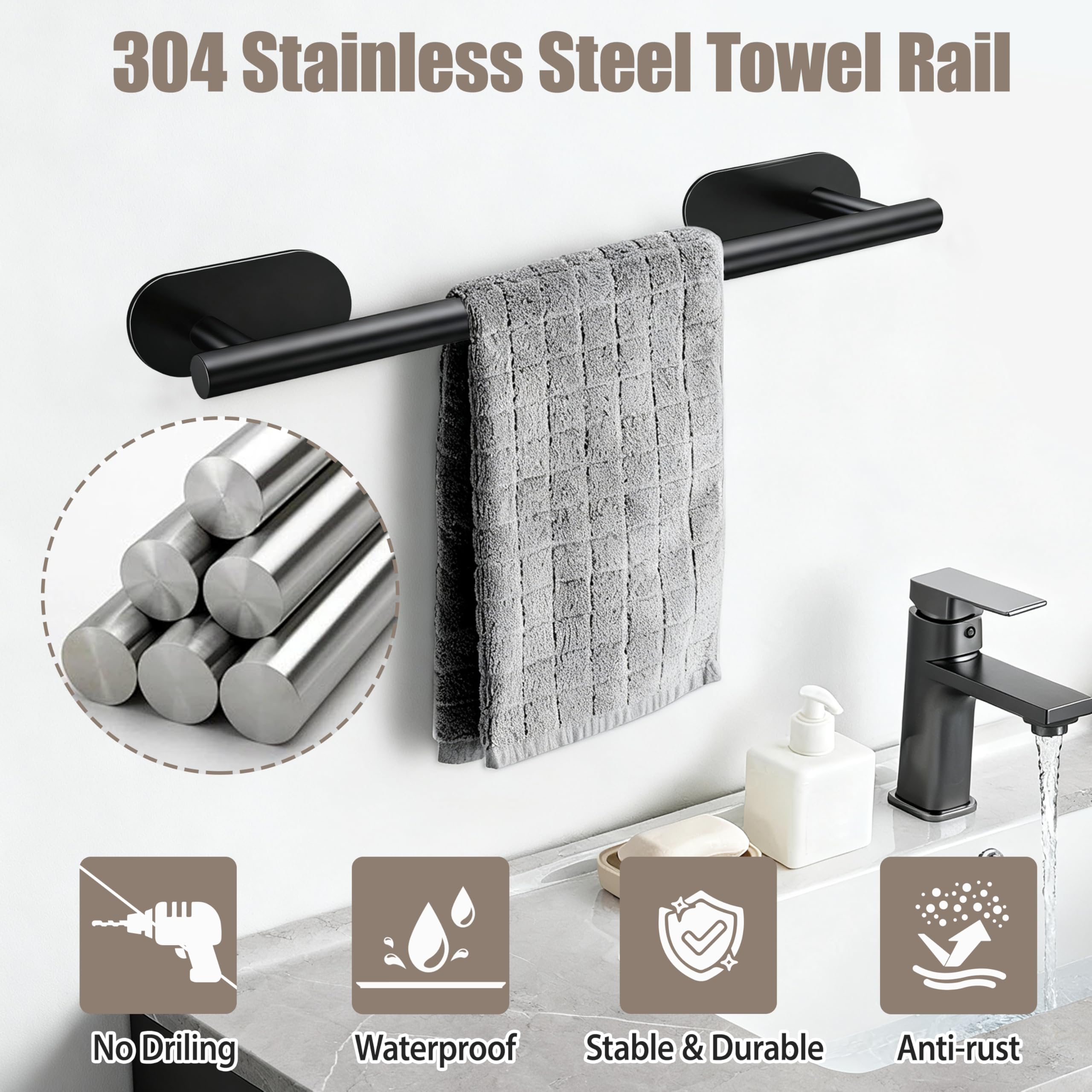 Accessori per il Bagno per Asciugamani Autoadesivi set 8PCS Acciaio Inossidabile Portasalviette da Bagno porta Carta Igienica Gancio per Accappatoio (Nero)