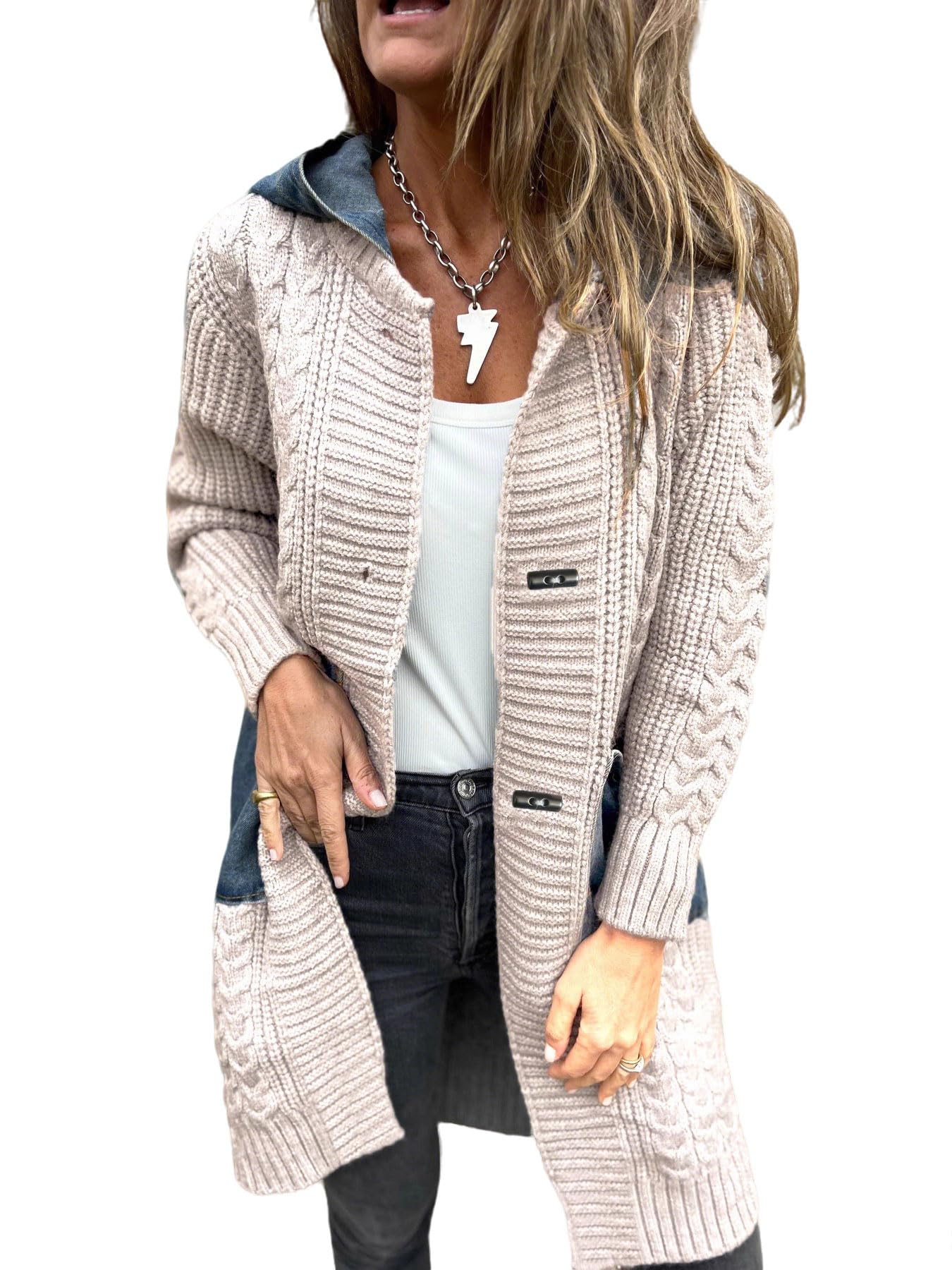 utcoco Womens Cable Knit Cardigan with Denim Hood and Pockets Open Front Long Sleeve Patchwork Sweater Coat