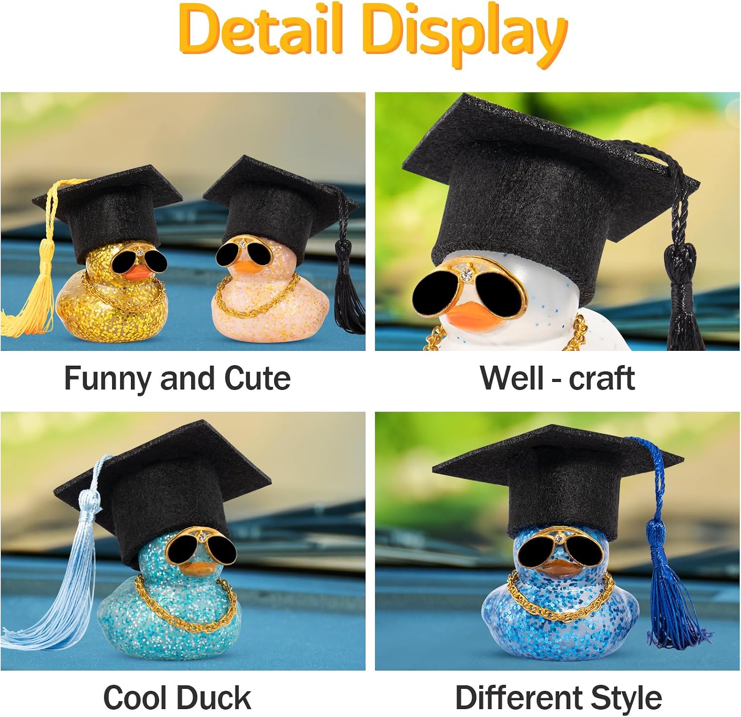 wonuu Car Dashboard Decor Graduation Hat Color Rubber Duck, Car Ducks Ornaments with Mini Graduation Hat Necklace Sunglasses (Gold)