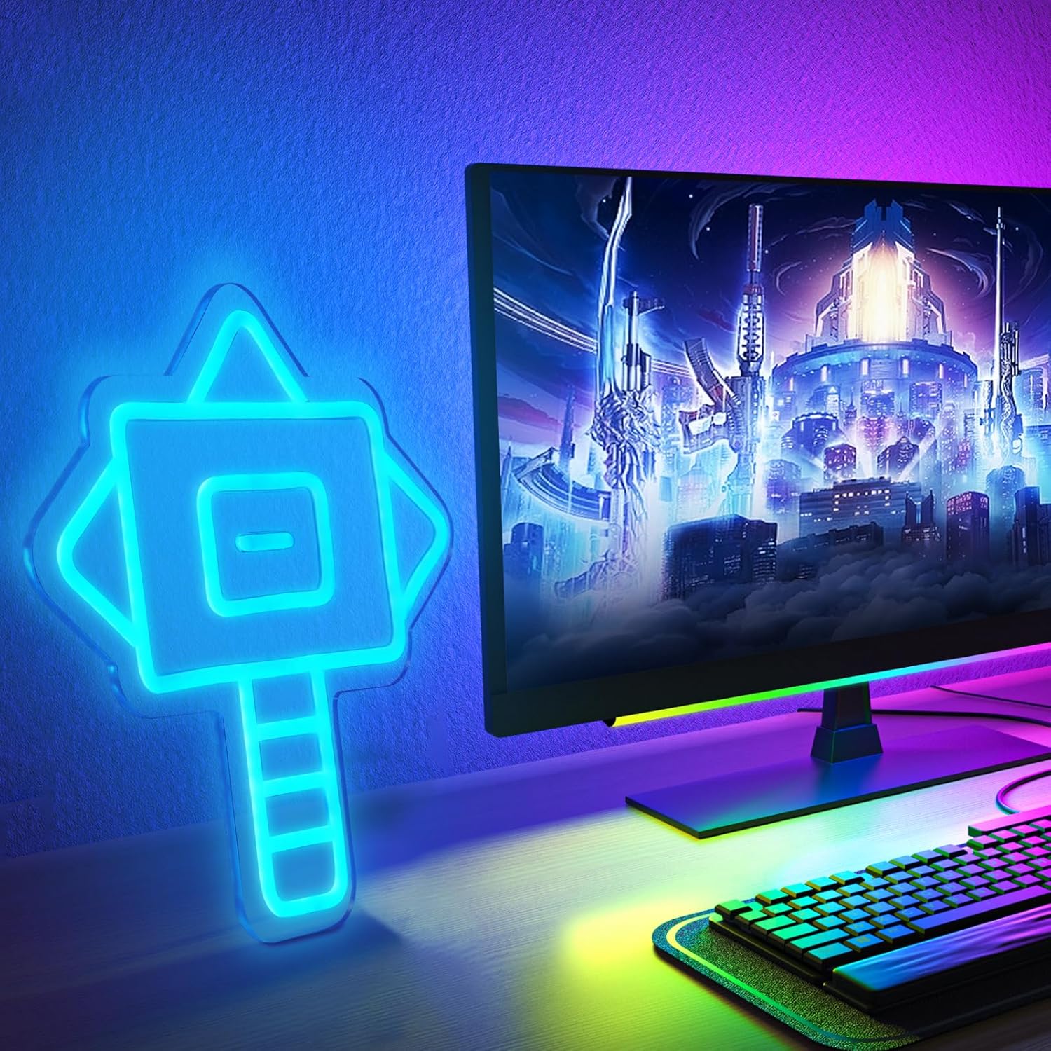 Game Neon Sign,Neon Signs for Wall Decor,LED Wall Art for Game Room Decor,Hammer Shaped USB Gaming Light for Boys Room Decor,Gift for Kids. - Image 6