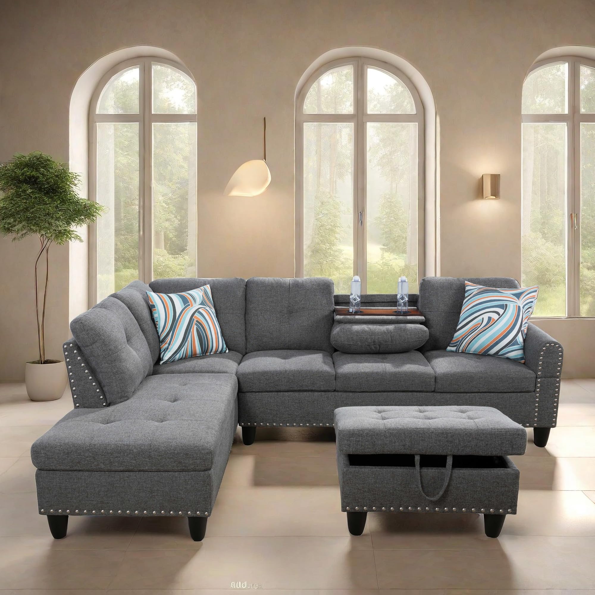 (incomplete)L Shaped Sectional Sofa with Ottoman, Nail-Head Design Linen Right Facing Modern Couches with Cup Holder for Living Room, Bedroom, Office, Grey