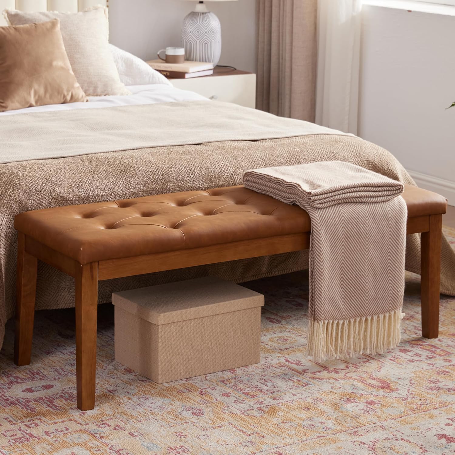 Ottoman Bench Upholstered Padded Seat with Solid Wood Legs and Button-Tufted, Big Oversized Ottoman, Faux Leather Cognac Brown