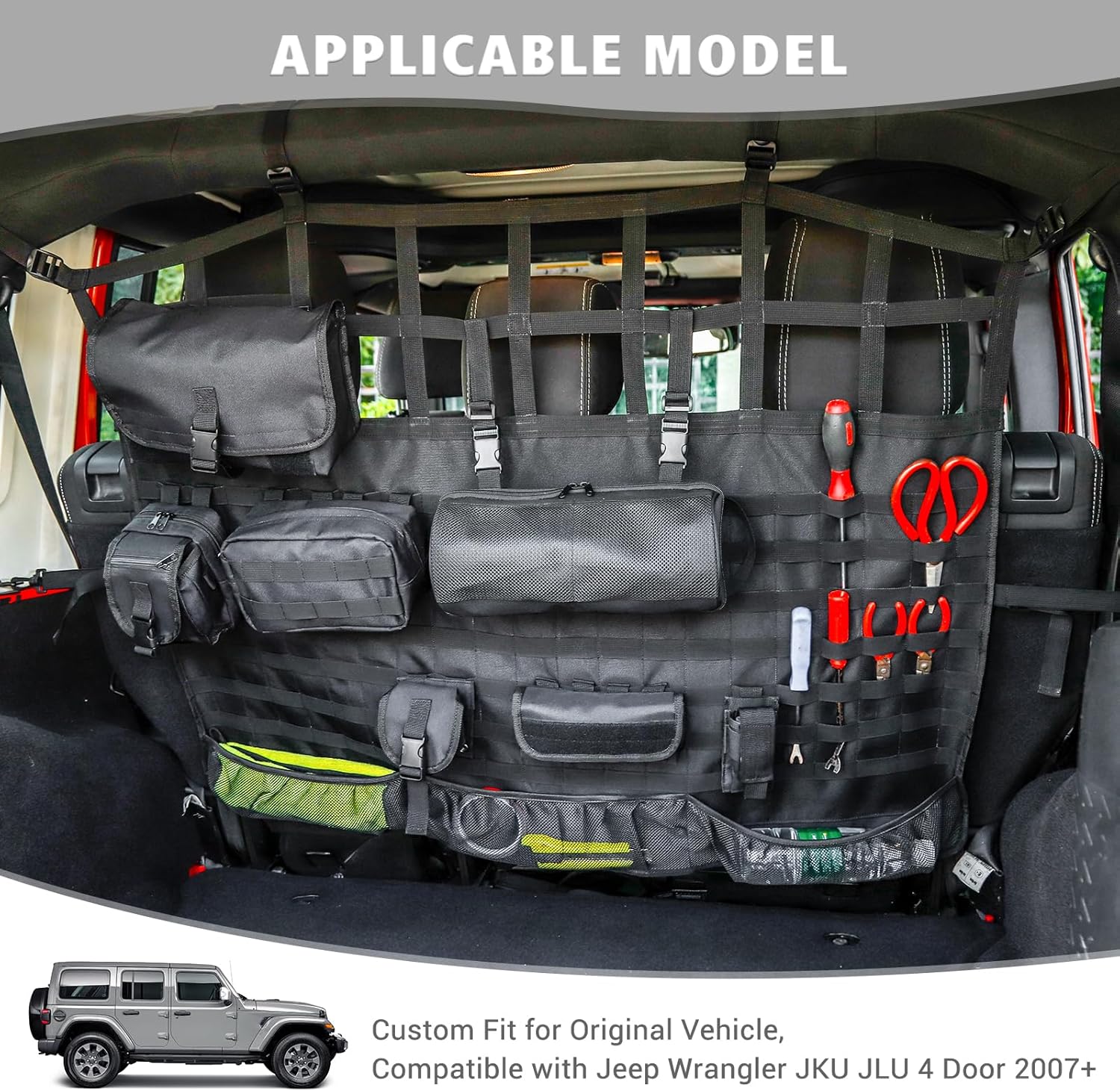 Jimen Compatible with Jeep Wrangler JK JL 4 Door 2007-2023, Back Seat Cargo Net | Trunk Organizer with Storage Pockets & Molle System | Dog Pet Barrier