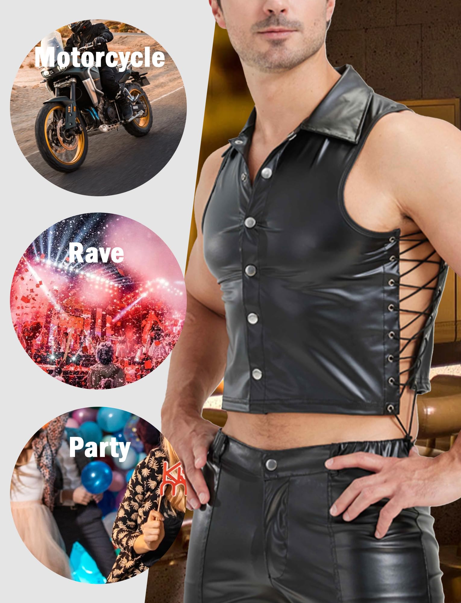 FEOYA Camisetas de látex para hombre, sin mangas, sexy, aspecto mojado, camiseta de látex similar a los hombres, negro, piel sintética, sin mangas, erótica, para hombre