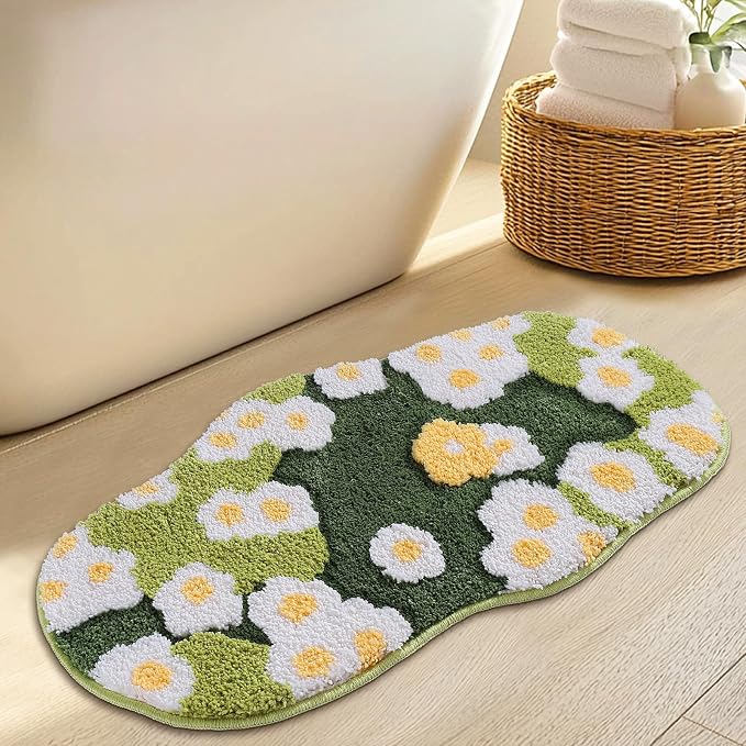 Green Floral Moss Bathroom Rug Bath Mat, Ultra Thick Soft 3D Aesthetic Decor Cute Tufted Bath Rugs, Non Slip Absorbent Washable Moss Carpet for Shower Floor Sink Bedroom, 20x32 Inch