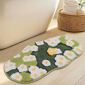 Green Floral Moss Bathroom Rug Bath Mat, Ultra Thick Soft 3D Aesthetic Cute Tufted Bath Rugs, Super Absorbent Non Slip Washable Moss Flower Carpet for Shower Floor Sink Bedroom, 20x32 Inch