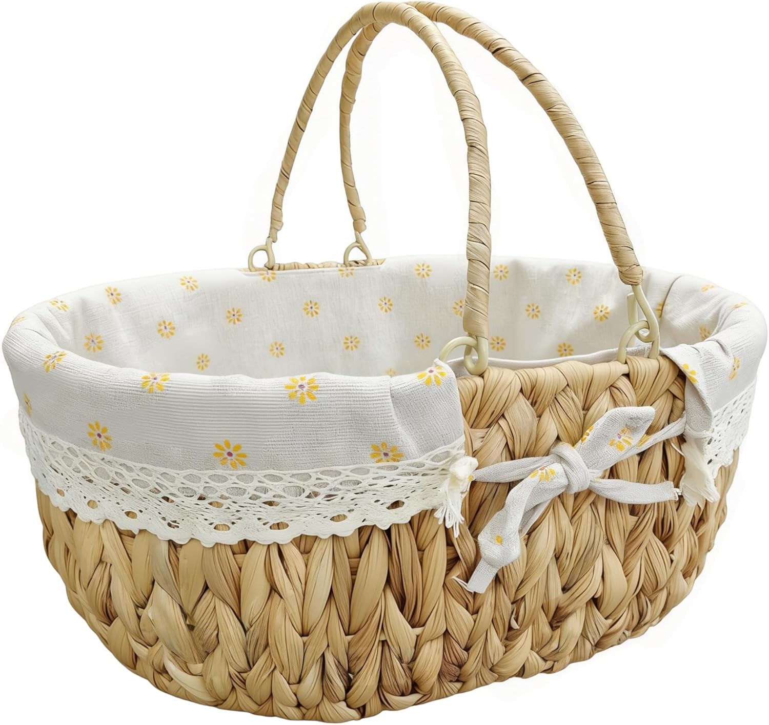 Oval Wicker Picnic Basket with Folding Handles and Lining for 2, Handwoven Water Hyacinth Hamper,Willow Hand Woven Shopping Basket, Bath Storage Camping Outdoor Beach Gift