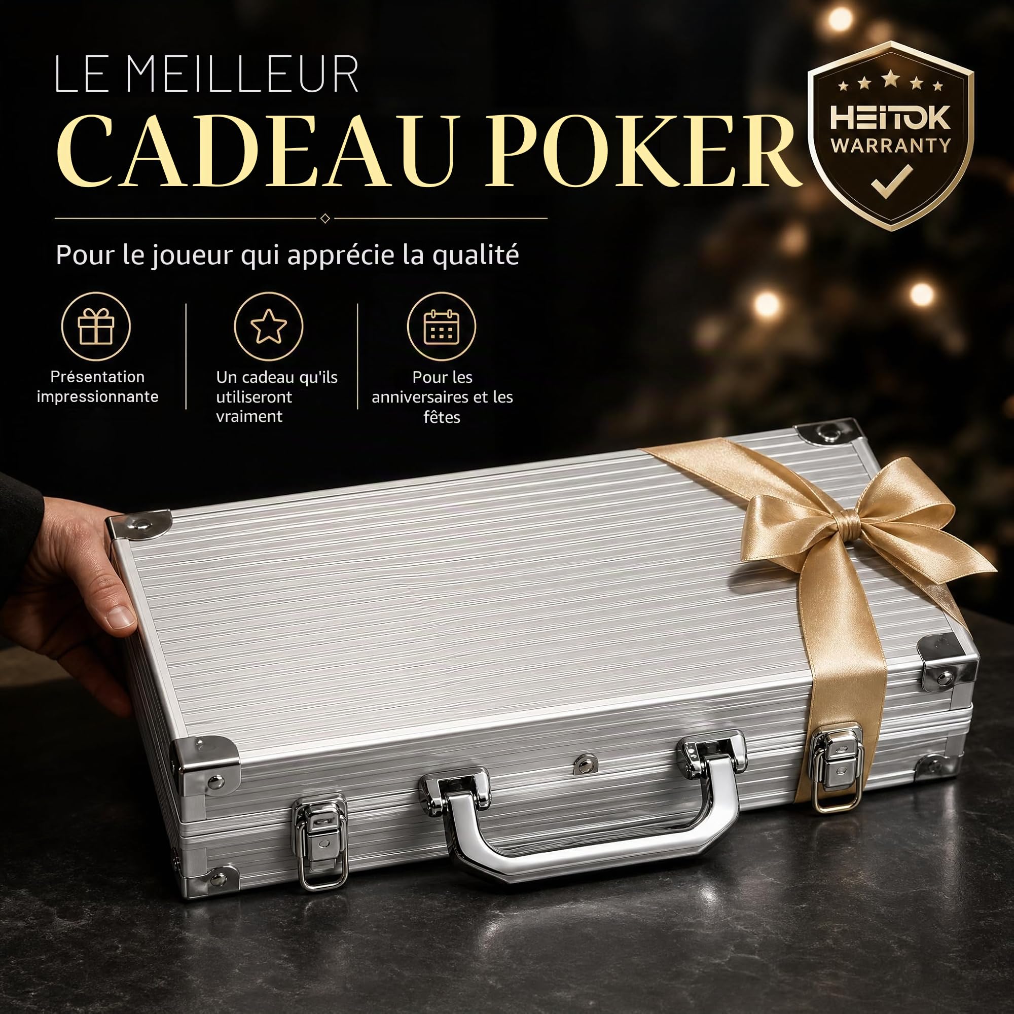 HEITOK Mallette de Poker Professionnelle 300 Jetons Numérotés 11.5g avec Coffret Aluminium Renforcé – Set Complet Texas Hold'em Blackjack Cartes Dés Boutons pour Soirées Adultes