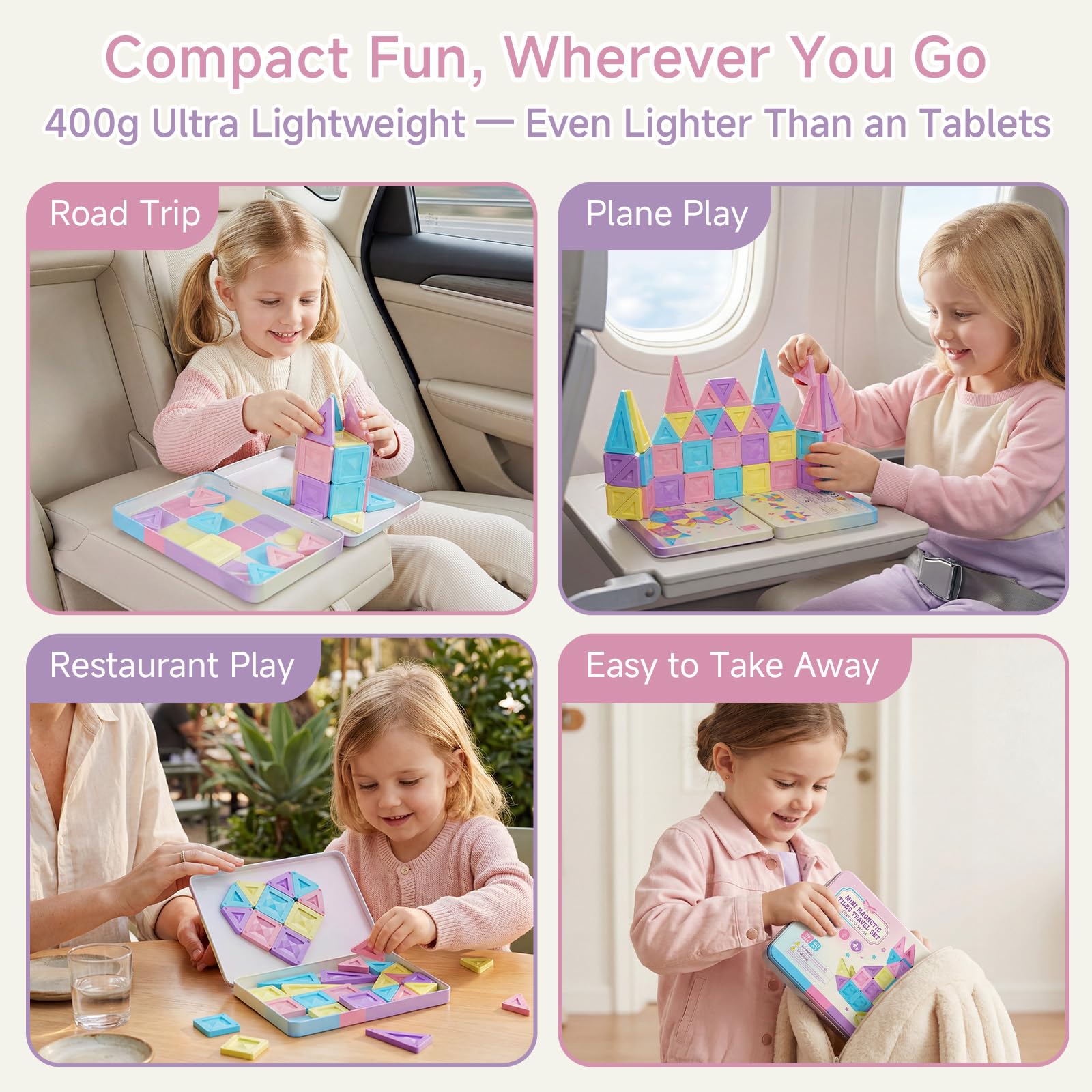 Travel Magnetic Bricks for Age 3+ 40 Pieces Montessori Magnetic Bricks Educational Toy with Portable Tin Box and Built-in Play Plate, Bricks - 2