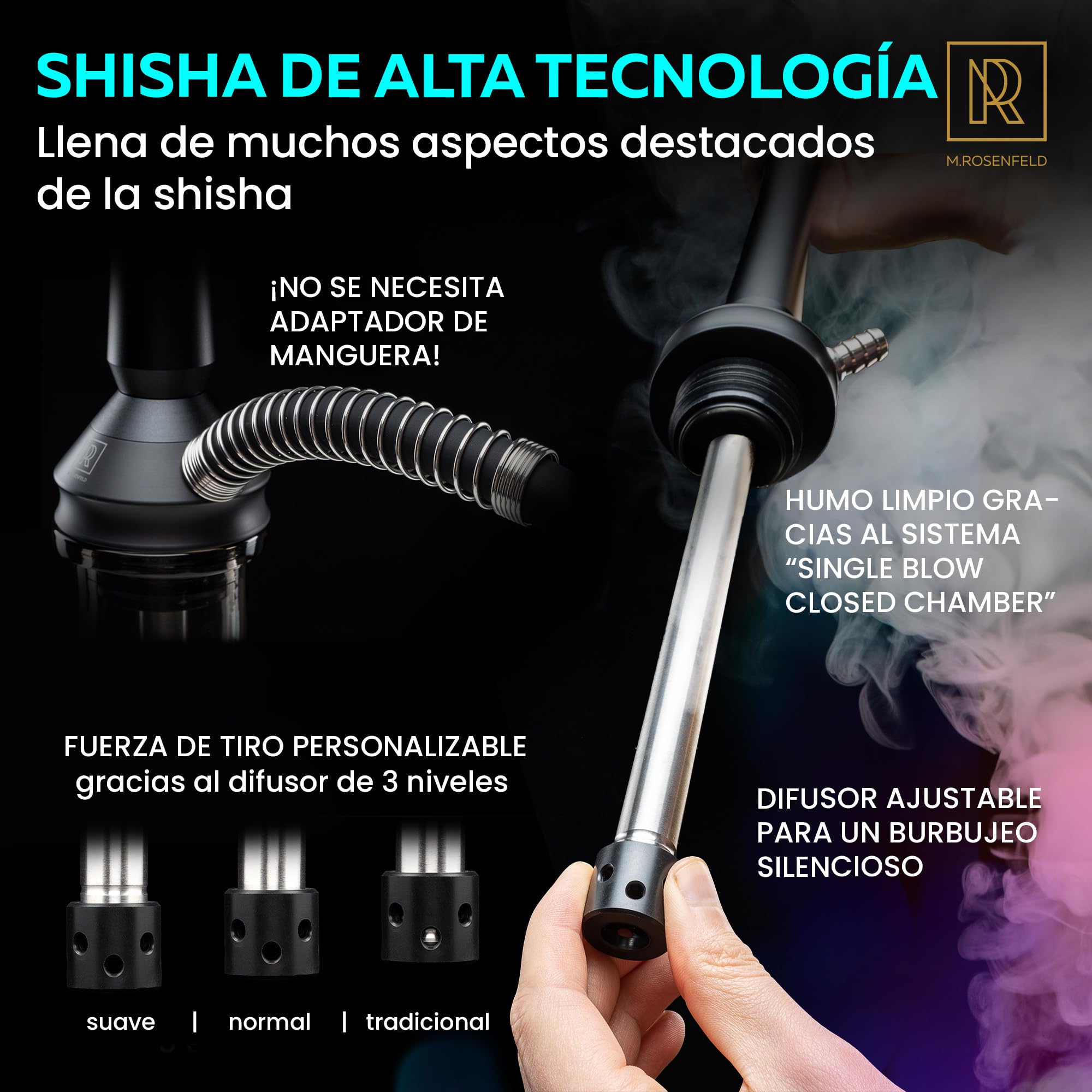 M. ROSENFELD Juego completo de shisha Protos - Juego de cachimba de 75 cm con cuenco enchufable, sistema de drenaje frío, cámara cerrada, tubo de inmersión de acero inoxidable, cabezal de chimenea