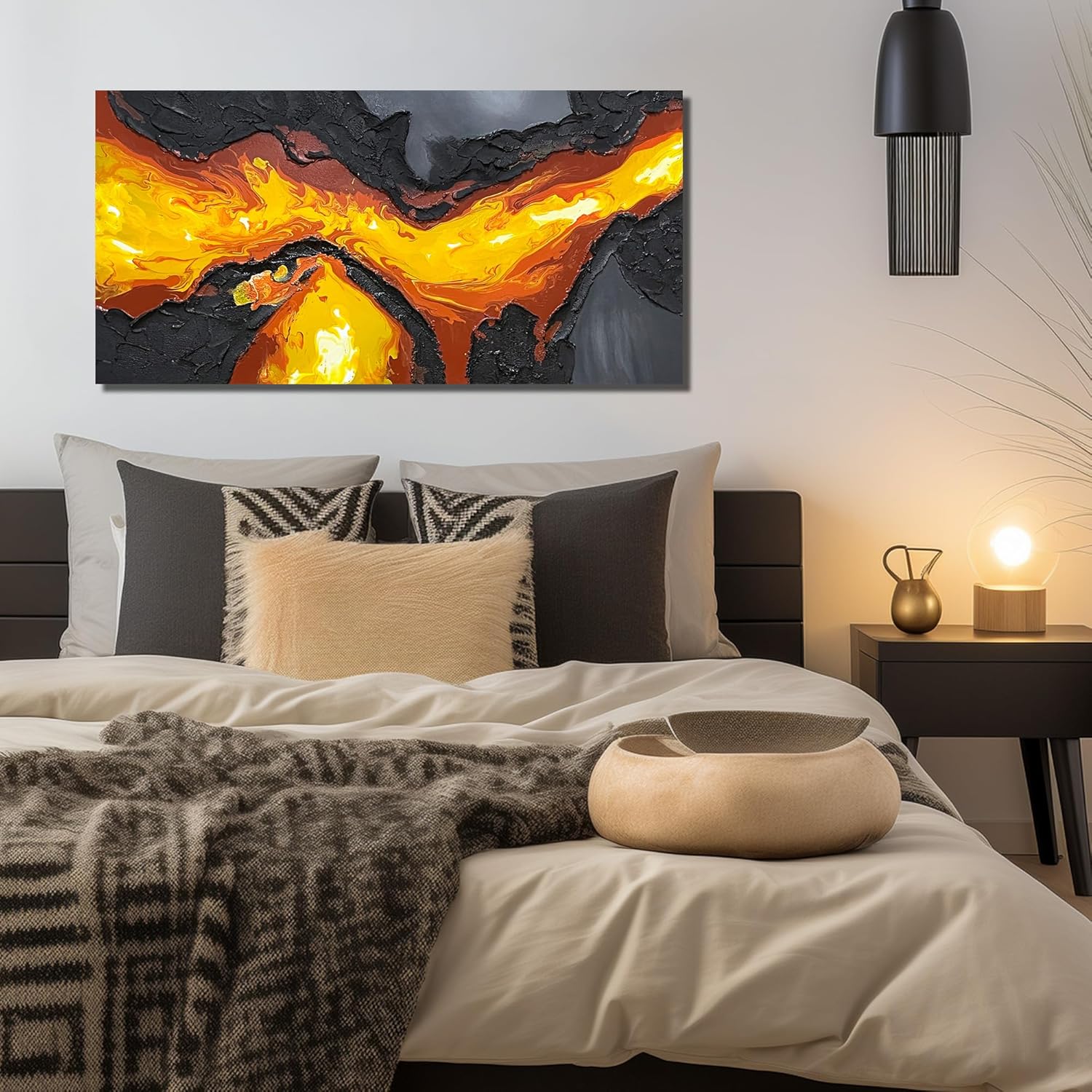 GUGIKA Abstract Wall Art for Living Room, Hand Painted 3D Textured Magma Paintings, Black and Gold Yellow Volcanic Lava Canvas Wall-Decor for Bedroom, Size 40 x 20 Inches - Image 8