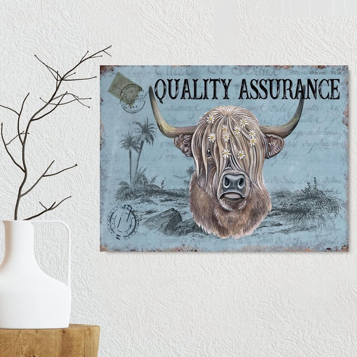 Farmhouse Wood Wall Art Sign Vintage French Style Cow Blue Wooden Sign Plaque Watercolor Farm Animal Cattle Signs Wall Decor for Farm Wall Door Porch Yard Decor 24x18in