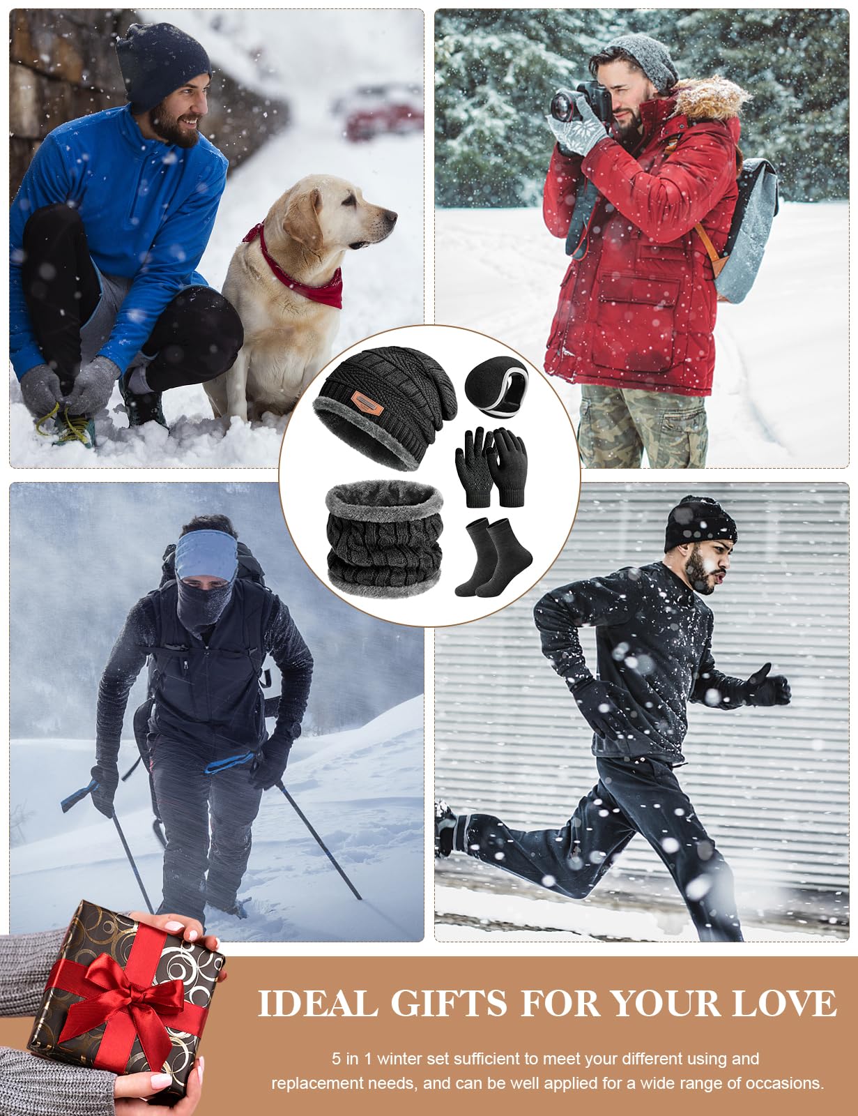 heekpek Set de Bufanda Gorro Guantes Orejeras y Calcetines Hombre de Punto Invierno Suave Térmico Conjunto de 5 Piezas para Hombre