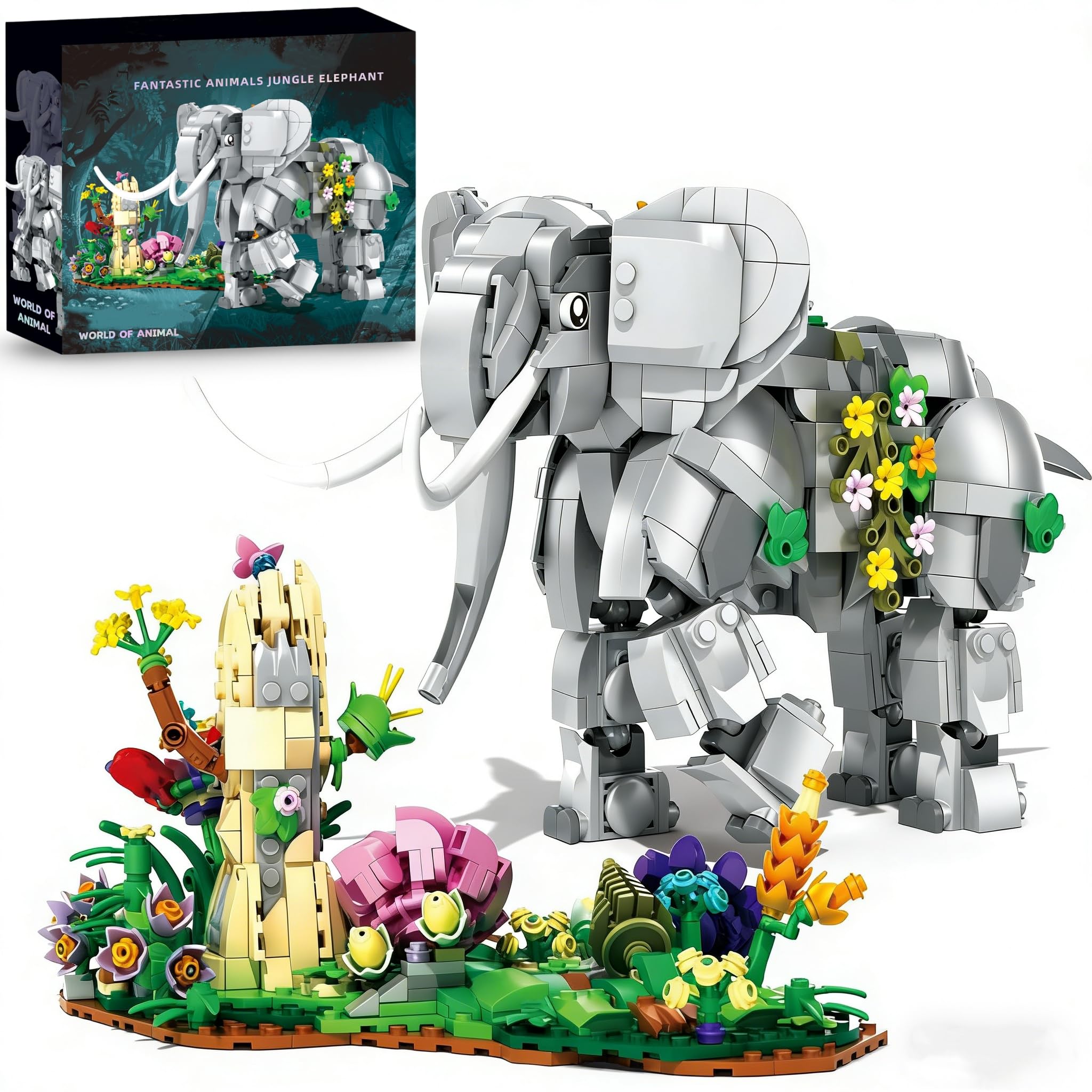Elephant Building Block Set, 1306 PCS Jungle Elephant Building Kit with Flowers, Creative Jungle Animal Bricks Model Toy, Desktop Decor Display Ornament, Holiday Birthday Gift for Adults and Teens
