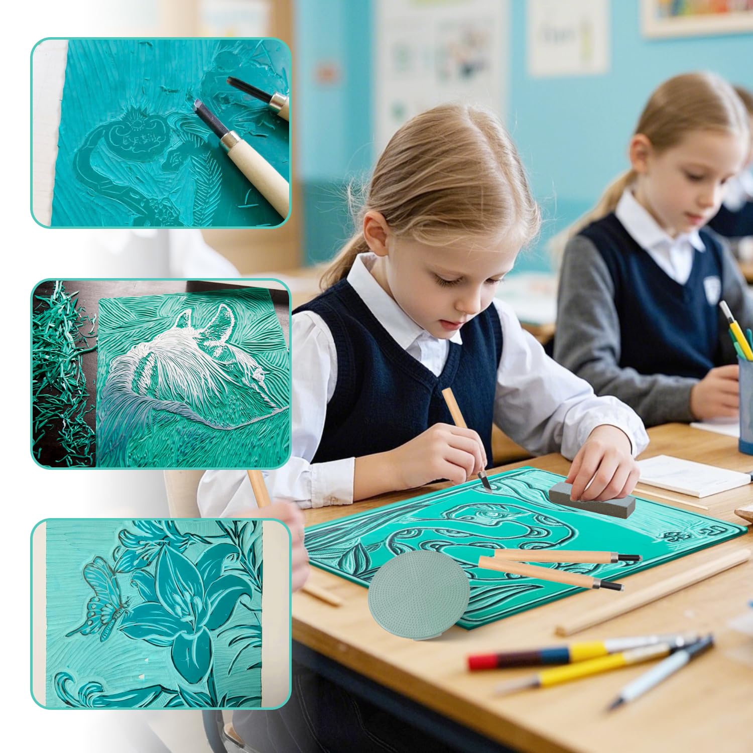 13 Pz Linoleum per Incisione A4 e A6 Gomma Eva Verde Spessore 3 mm Pannelli di Linoleum Gomma Crepla Include Coltello Intaglio Rullo Pietra per Affilare per Topografia Incisione Scrapbooking Pittura
