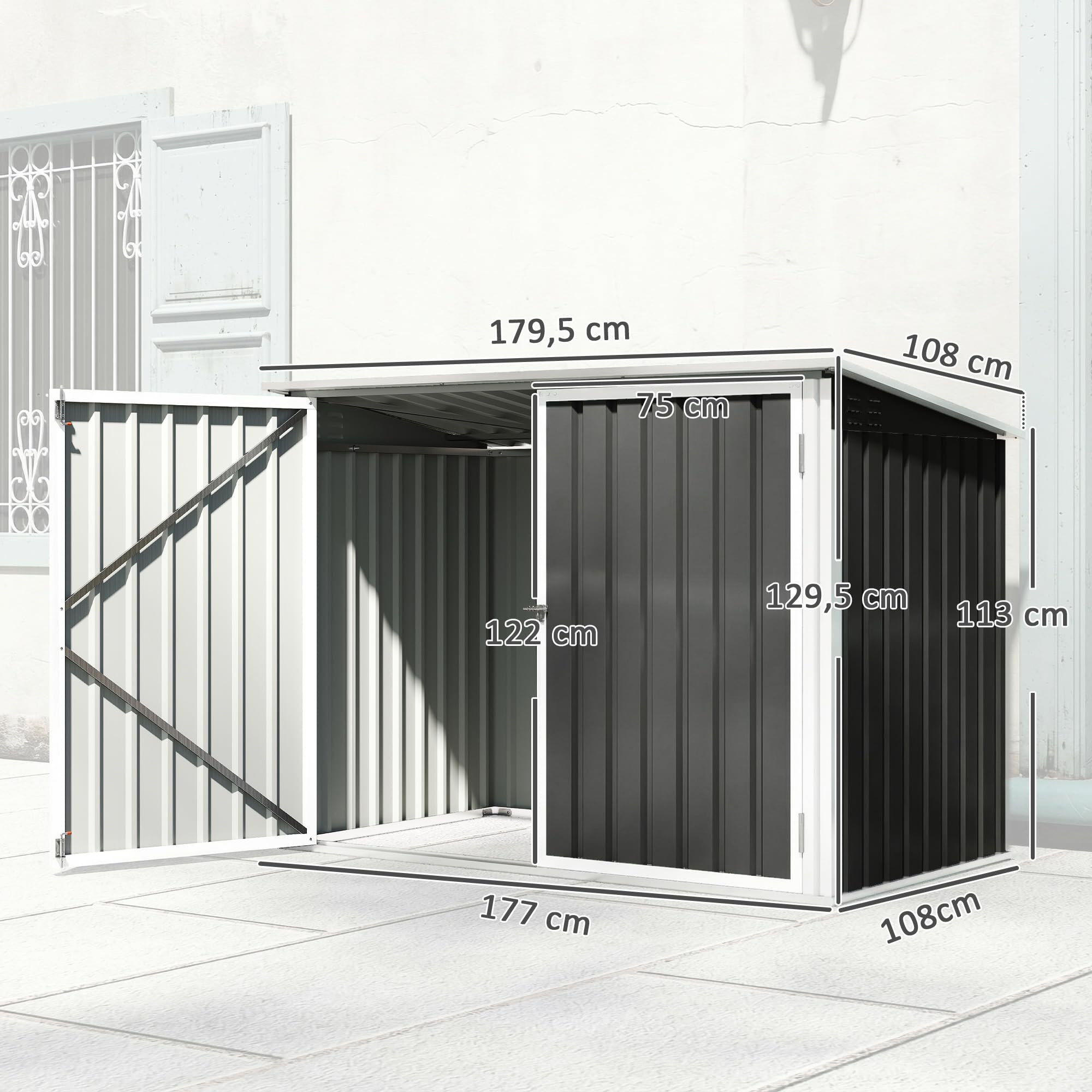 Outsunny Mülltonnenbox für 2 Mülltonnen aus verzinktem Stahl Müllbox mit Klappdeckel Gasdruckfeder Doppeltür Belüftungsöffnungen, abschließbar Mülltonnenverkleidung 179,5 x 108 x 113 cm Dunkelgrau