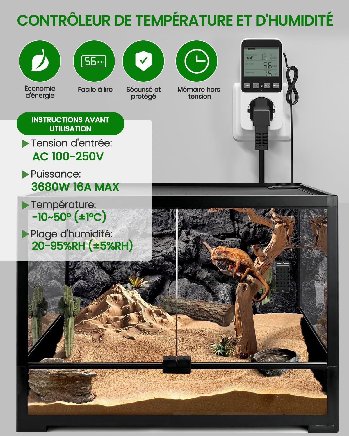 Prise Thermostat Hygrostat Numérique, Contrôleur de Température et d'humidité Prise avec Sonde, Alarme Régulateur Humidité Prise pour Terrarium Reptile Couveuse Incubateur Serre
