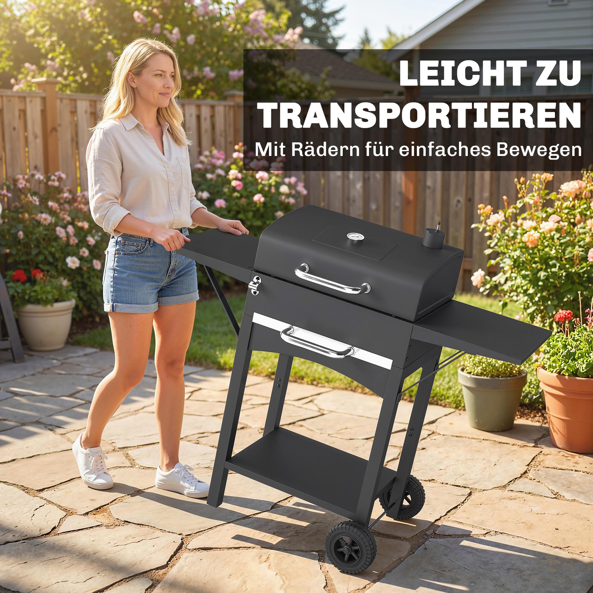 Outsunny grill węglowy z pokrywą, BBQ Smoker z 2 bocznymi stolikami, dużą powierzchnią grillową, rusztem, termometrem i kółkami, wózek grillowy 110 x 46,5 x 101 cm, czarny